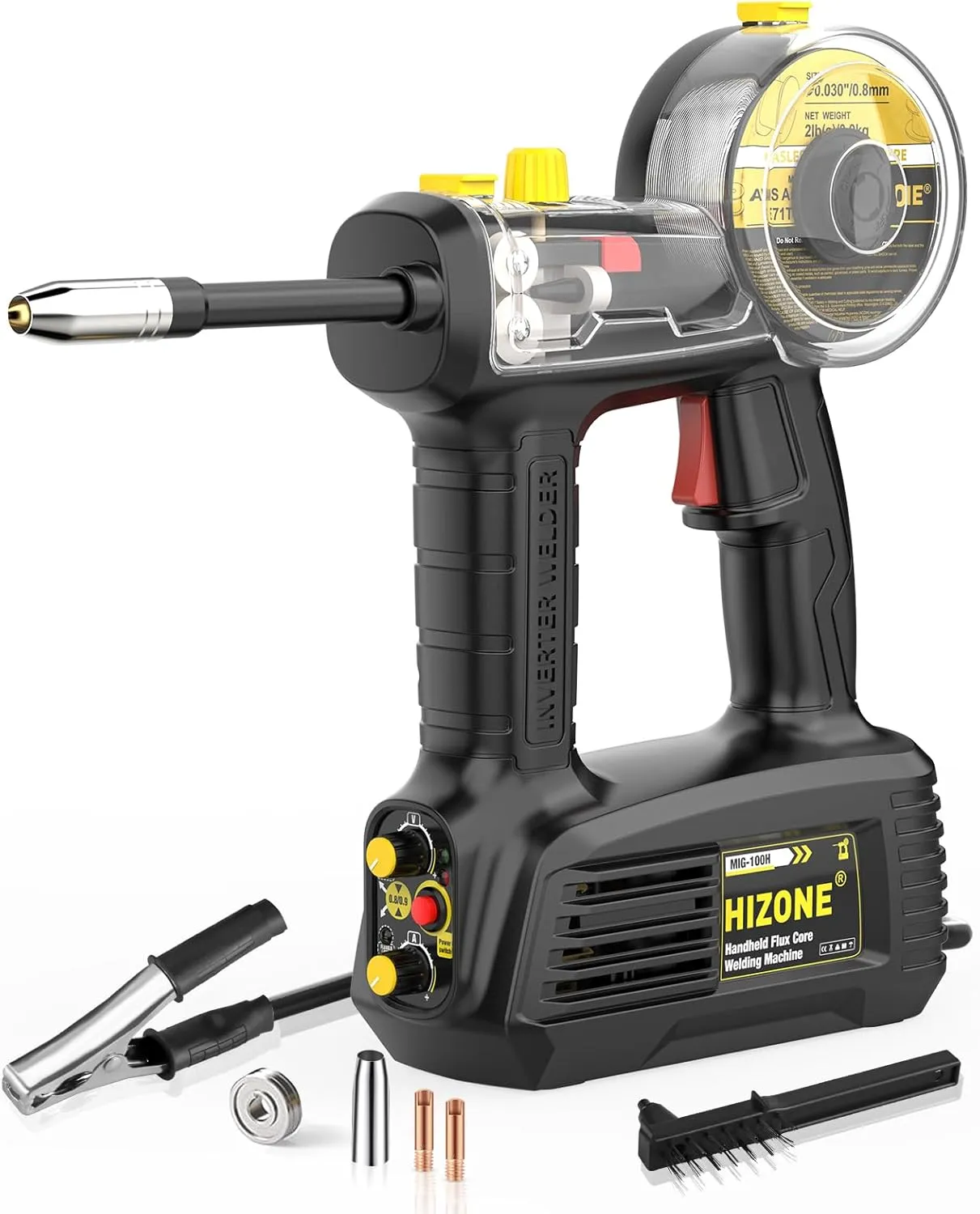 Hand Held MIG Welder Machine 110V, HIZONE 100A Flux Core Portable Welding Machine, Handheld Gasless Inverter Wire Feed Welding Equipment