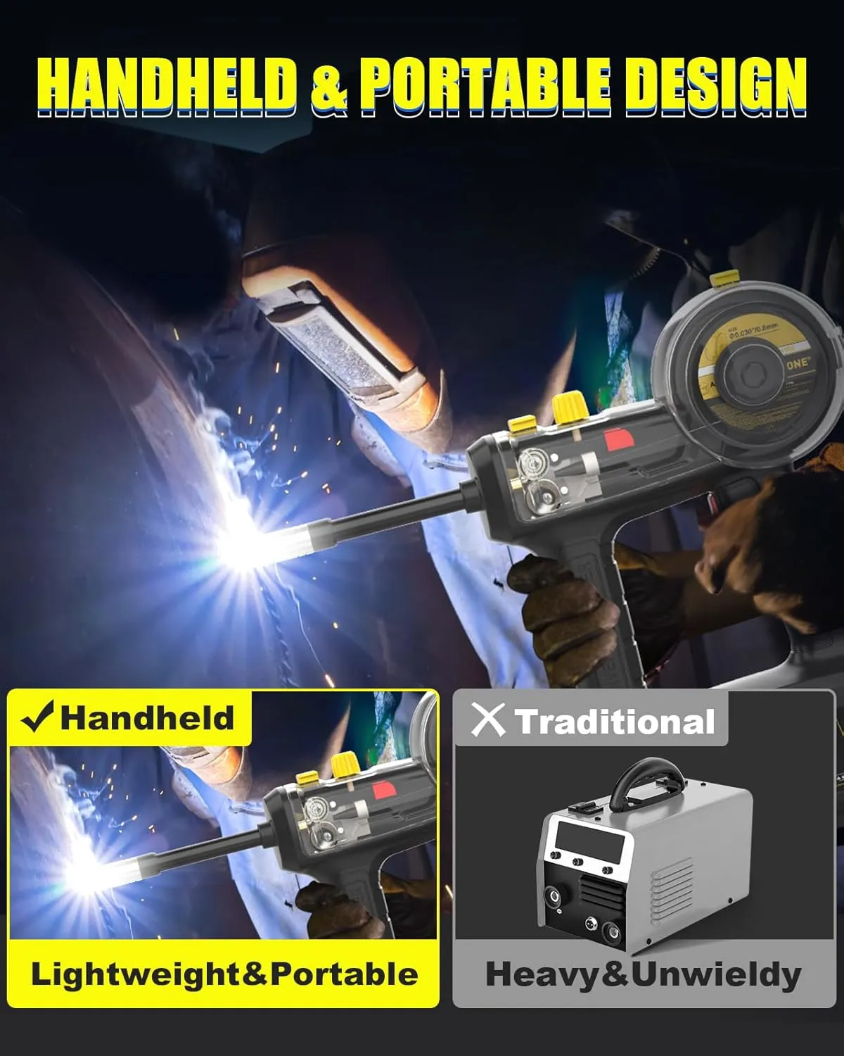 Hand Held MIG Welder Machine 110V, HIZONE 100A Flux Core Portable Welding Machine, Handheld Gasless Inverter Wire Feed Welding Equipment