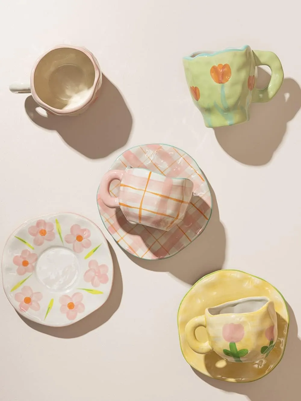 Hand-painted Ceramic Coffee Mug with Handle 2022 Elegant Spring Flower Coffee Mug with Saucer Breakfast Milk Juice Tea Cup for Home Office Gifts Microwave Safe Cute (Tulip)