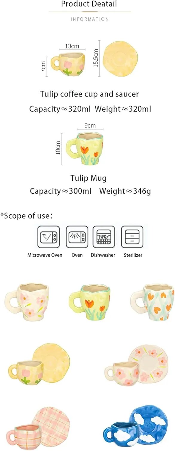 Hand-painted Ceramic Coffee Mug with Handle 2022 Elegant Spring Flower Coffee Mug with Saucer Breakfast Milk Juice Tea Cup for Home Office Gifts Microwave Safe Cute (Tulip)