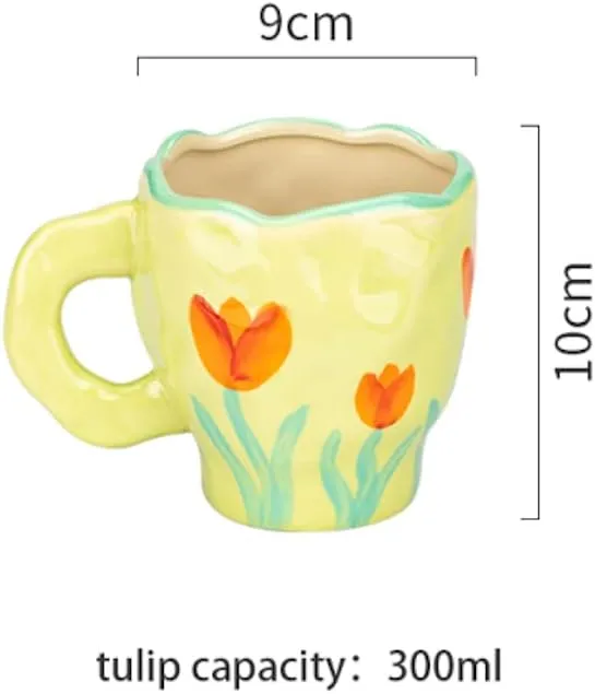 Hand-painted Ceramic Coffee Mug with Handle 2022 Elegant Spring Flower Coffee Mug with Saucer Breakfast Milk Juice Tea Cup for Home Office Gifts Microwave Safe Cute (Tulip)