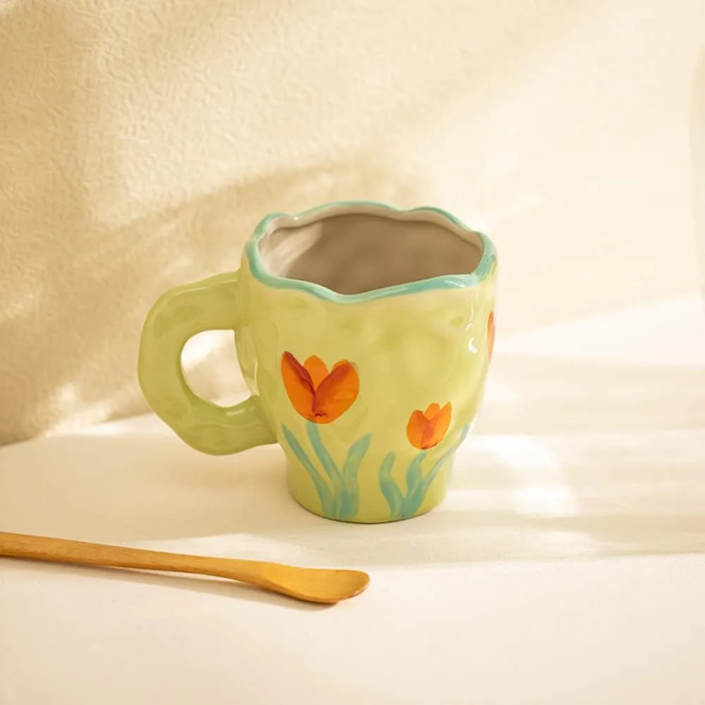 Hand-painted Ceramic Coffee Mug with Handle 2022 Elegant Spring Flower Coffee Mug with Saucer Breakfast Milk Juice Tea Cup for Home Office Gifts Microwave Safe Cute (Tulip)