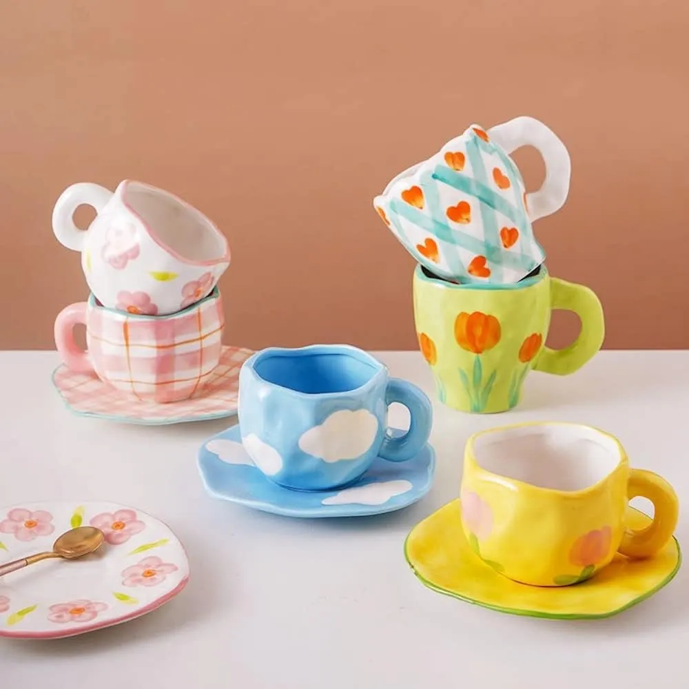 Hand-painted Ceramic Coffee Mug with Handle 2022 Elegant Spring Flower Coffee Mug with Saucer Breakfast Milk Juice Tea Cup for Home Office Gifts Microwave Safe Cute (Tulip)