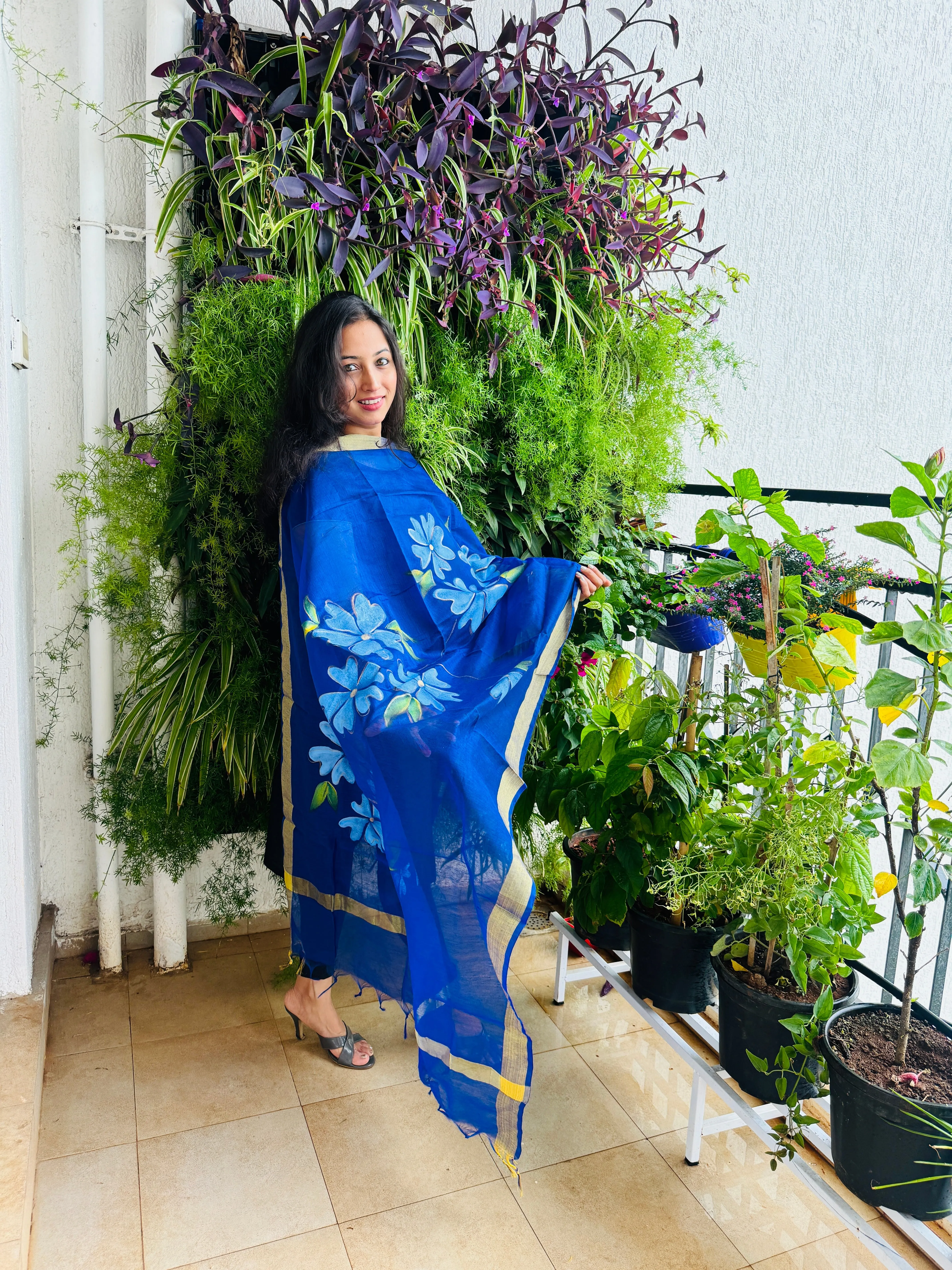Hand Painted Cotton Silk Soft Dupatta - Floral Design On Purple Base (Customisation is available)