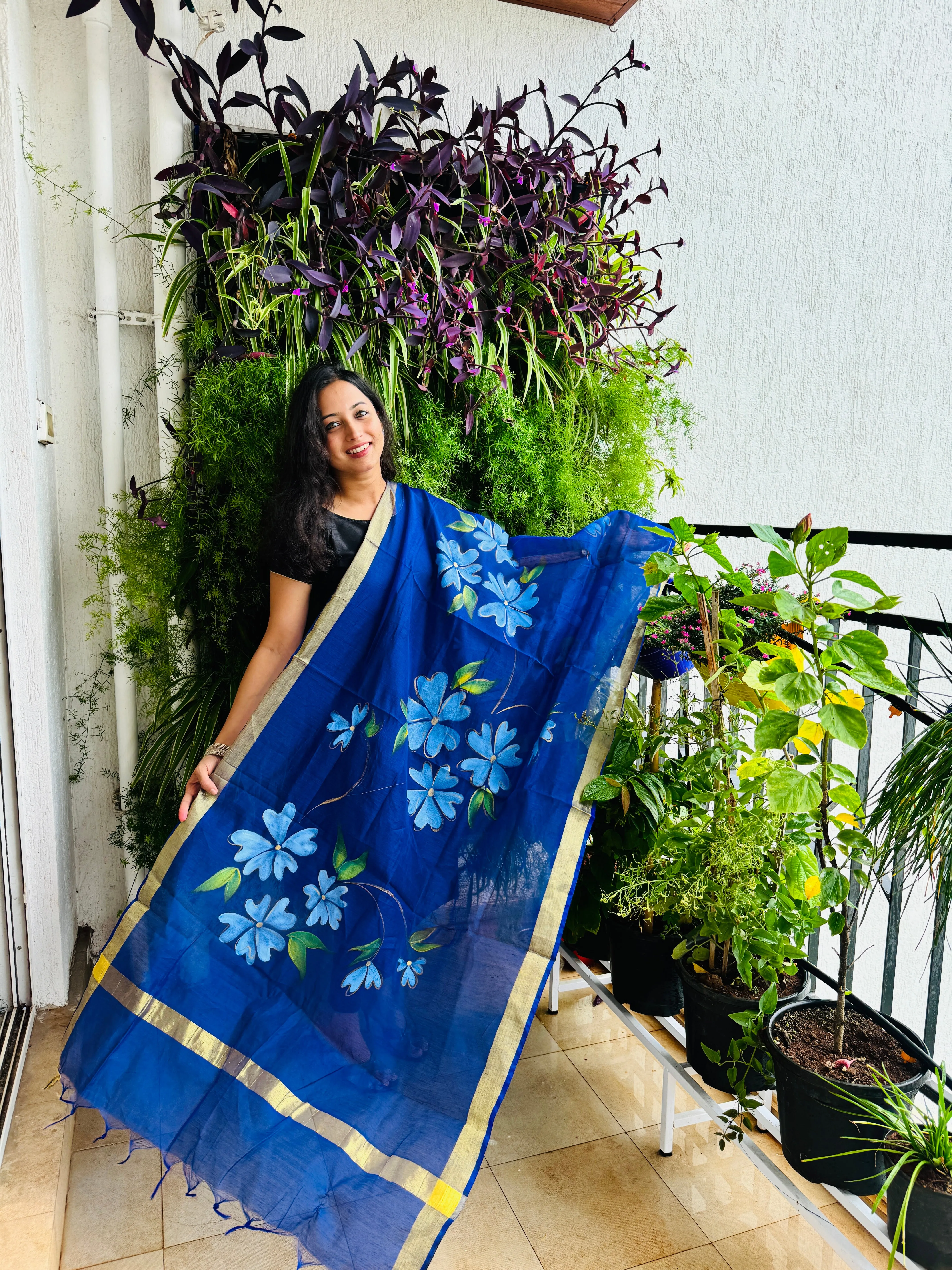 Hand Painted Cotton Silk Soft Dupatta - Floral Design On Purple Base (Customisation is available)
