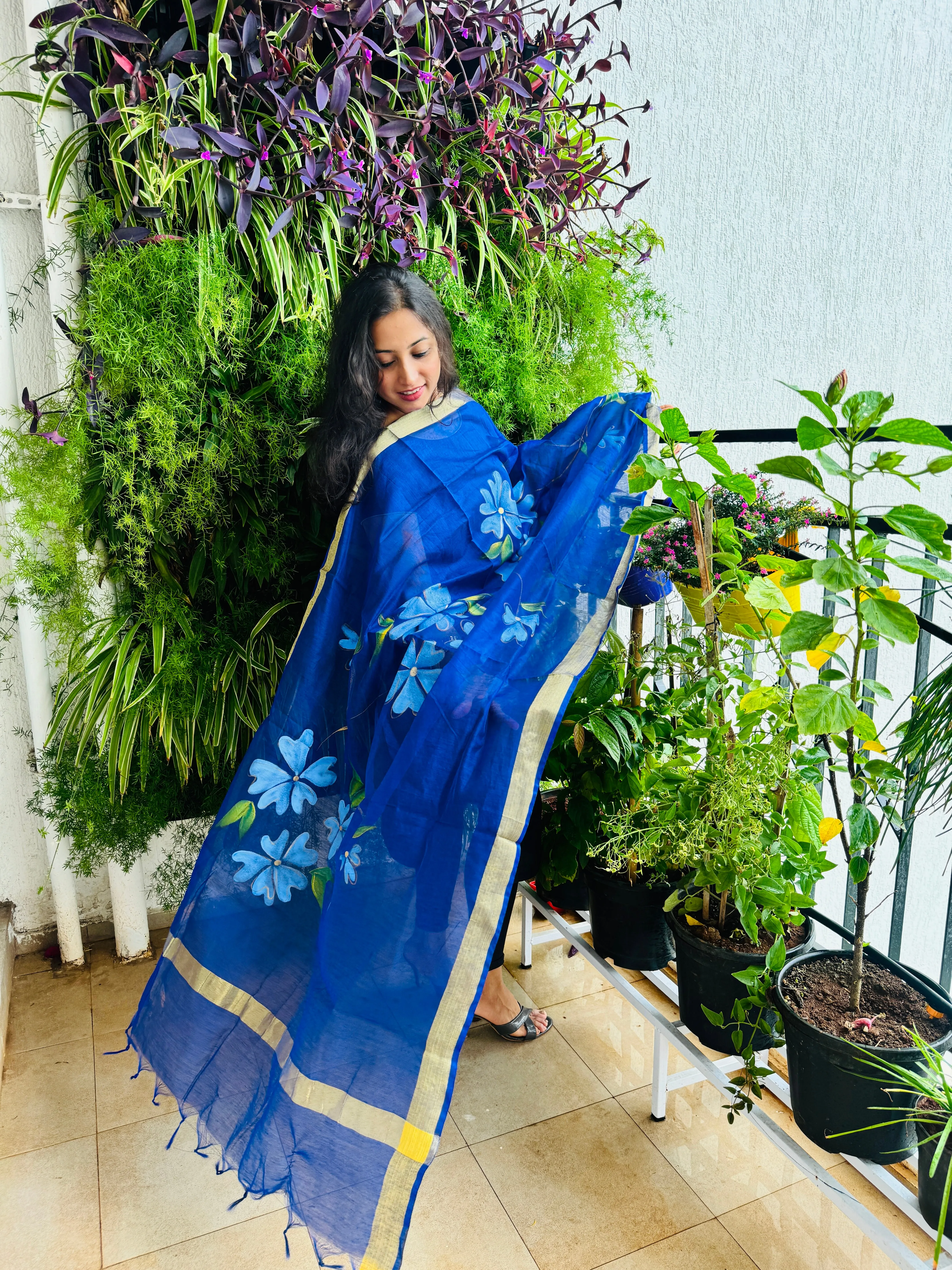 Hand Painted Cotton Silk Soft Dupatta - Floral Design On Purple Base (Customisation is available)