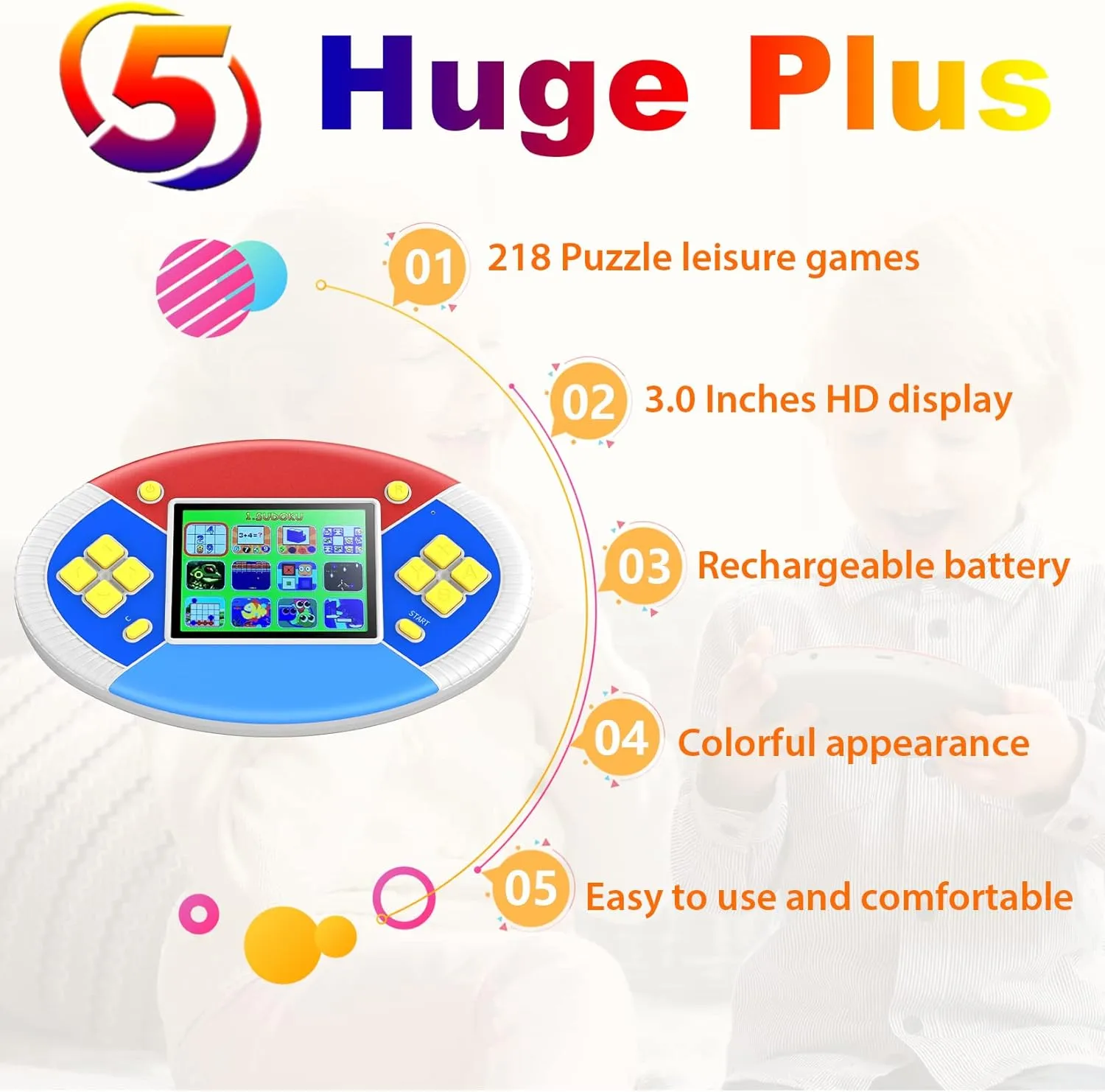 Handheld Games for Kids Build in 218 Puzzle Leisure Video Games Portable Rechargeable Oval Colorful Gamming System with 3.0” LCD Boys Girls Birthday Christmas Party Gift (Gray)