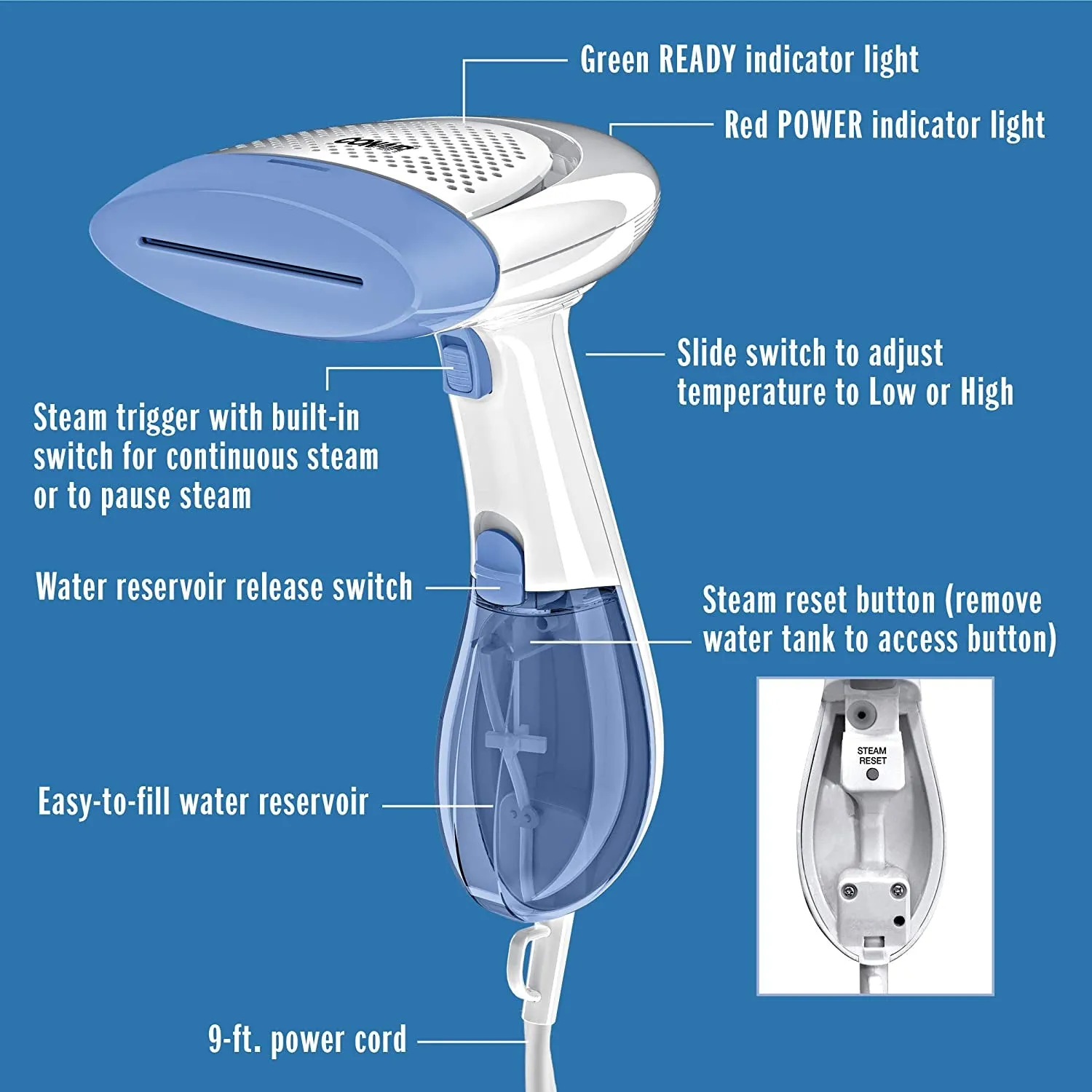 Handheld Garment Steamer for Clothes, Extremesteam 1200W, Portable Handheld Design,White/Blue