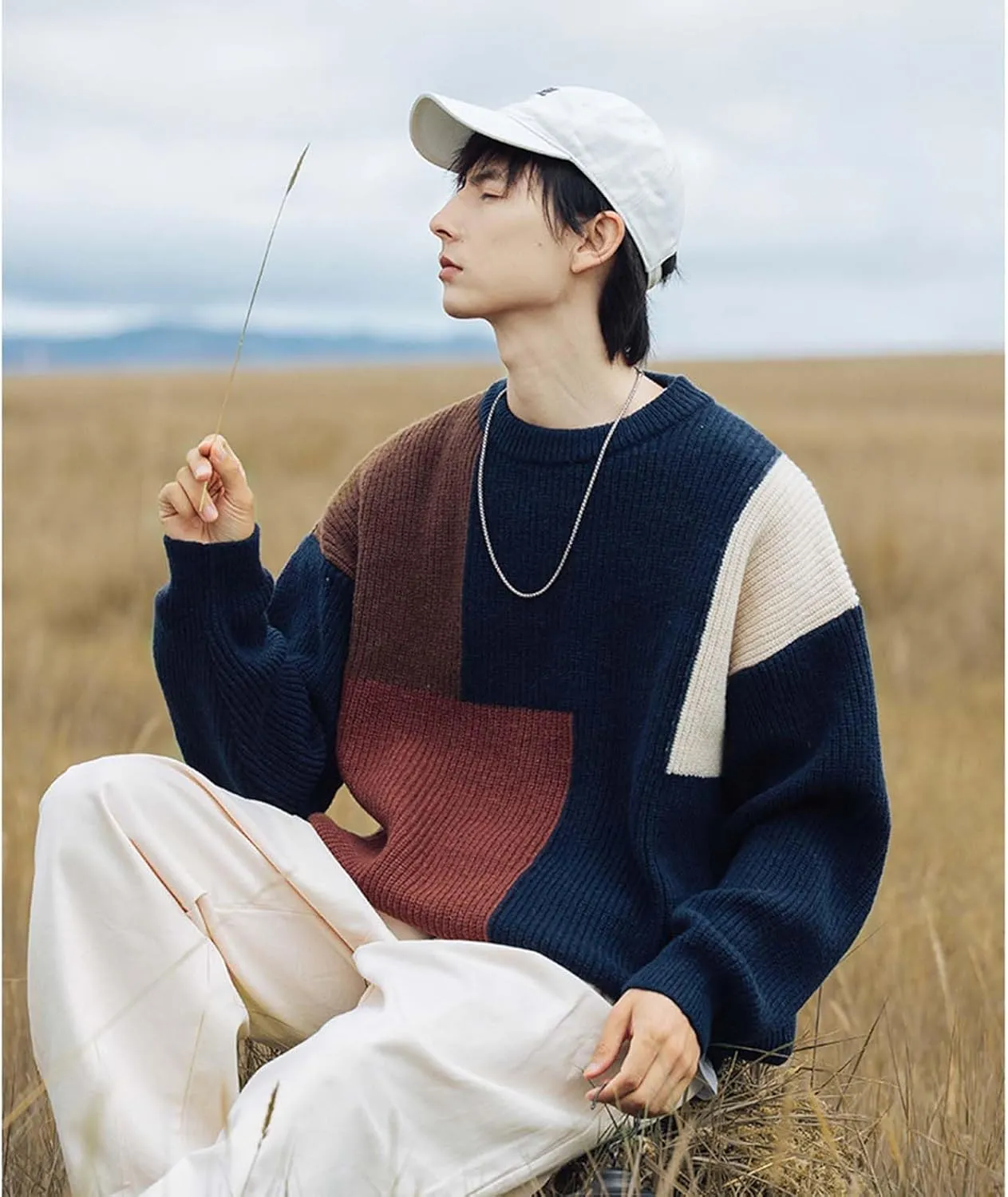 Harajuku Men's Knit Sweater Y2k Color Block Patchwork Pullover Sweater Hip Hop Coogi Loose Round Neck Knit Sweater
