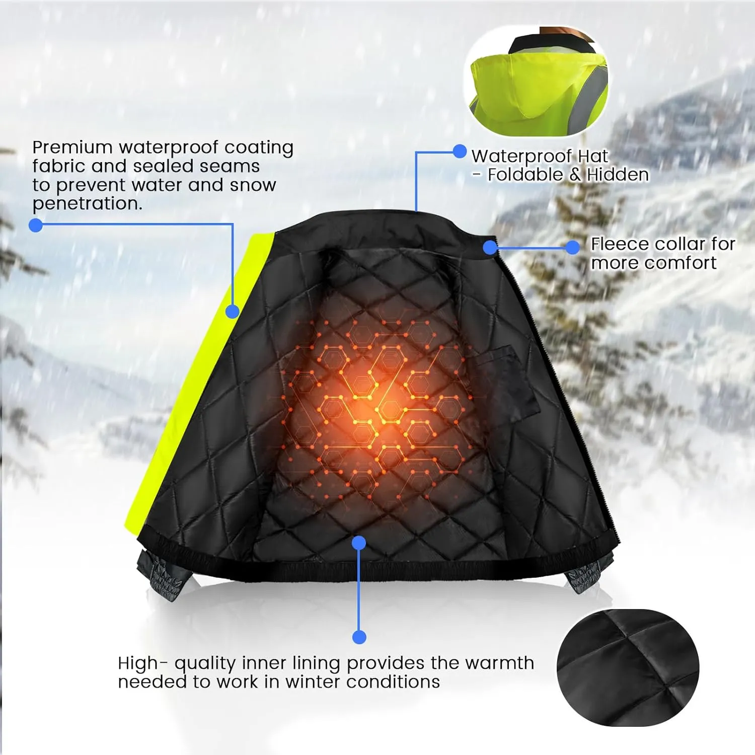 Hi Vis Jackets for Men, Safety Jackets with Pockets for Men& Women, Reflective Construction Coats for Cold Weather Winter, Waterproof High Vis Rain Gear, Class 3, Yellow-Black, XL