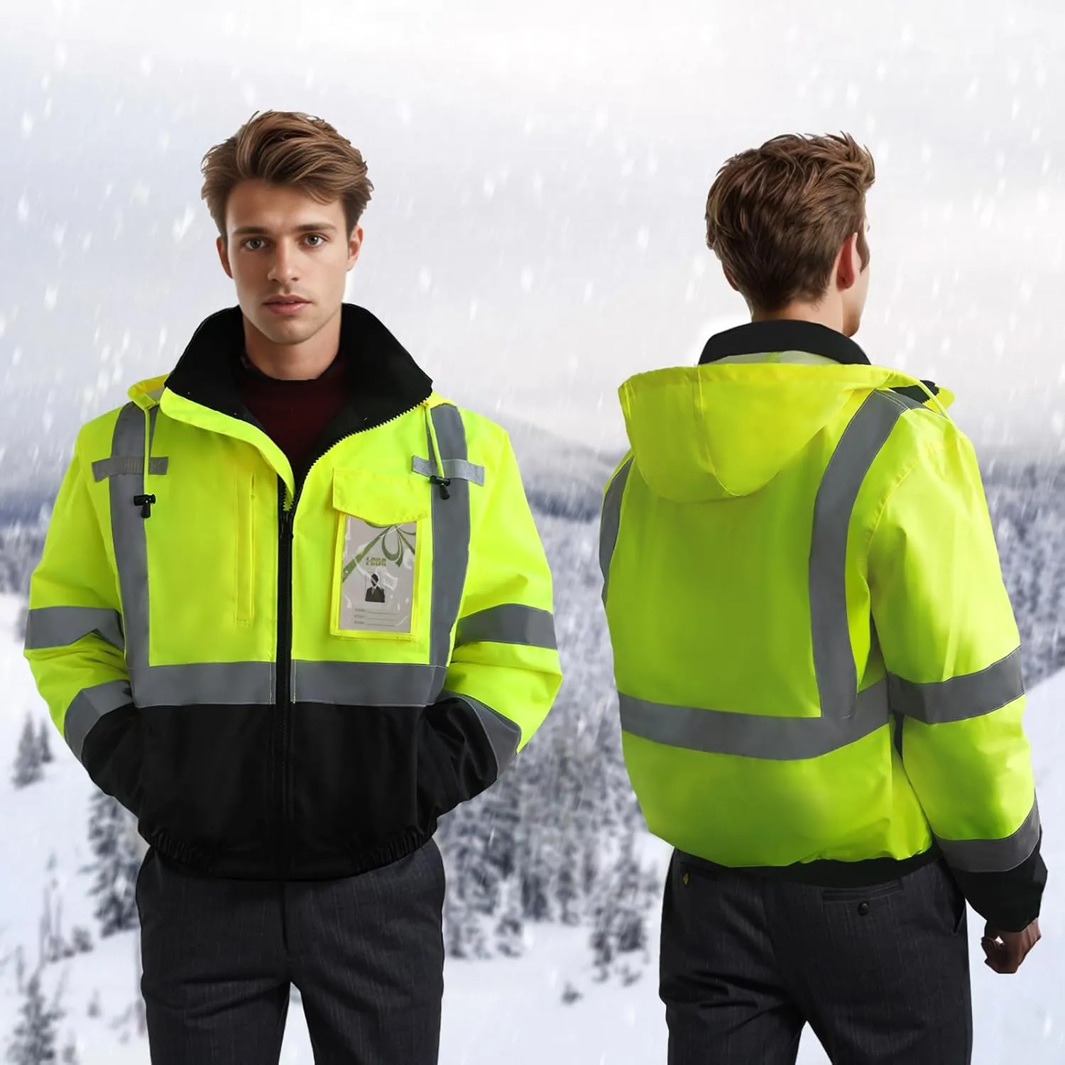 Hi Vis Jackets for Men, Safety Jackets with Pockets for Men& Women, Reflective Construction Coats for Cold Weather Winter, Waterproof High Vis Rain Gear, Class 3, Yellow-Black, XL