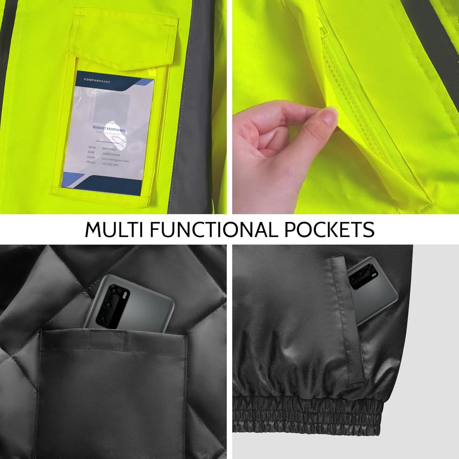 Hi Vis Jackets for Men, Safety Jackets with Pockets for Men& Women, Reflective Construction Coats for Cold Weather Winter, Waterproof High Vis Rain Gear, Class 3, Yellow-Black, XL