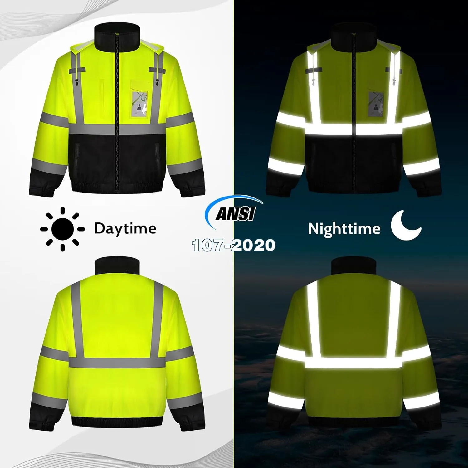 Hi Vis Jackets for Men, Safety Jackets with Pockets for Men& Women, Reflective Construction Coats for Cold Weather Winter, Waterproof High Vis Rain Gear, Class 3, Yellow-Black, XL