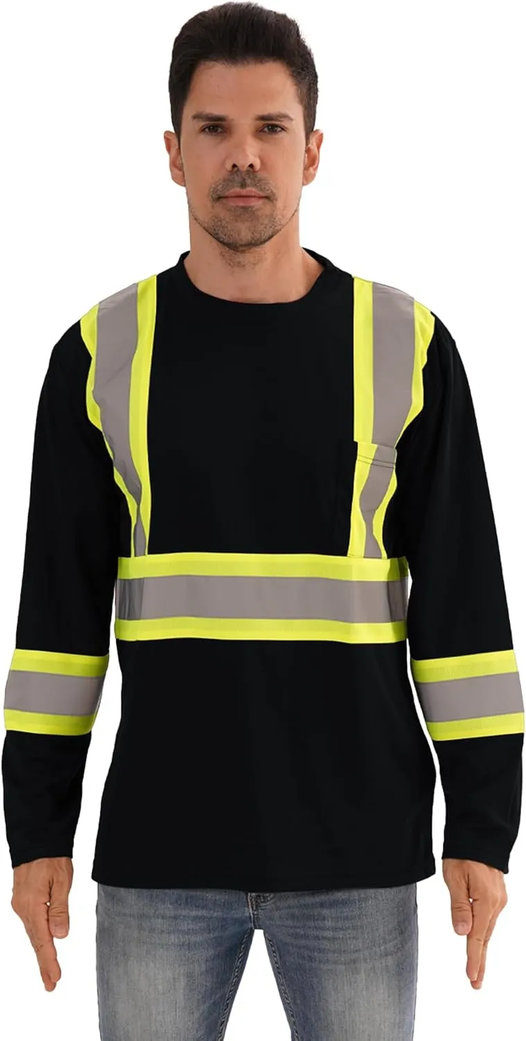 Hi Vis Safety Long Sleeve Shirts，High Visibility Class 3 T Shirts with Reflective Strips and Pocket, Quick Dry Mesh Construction Work Shirt for Men/Women (Black,4XL)