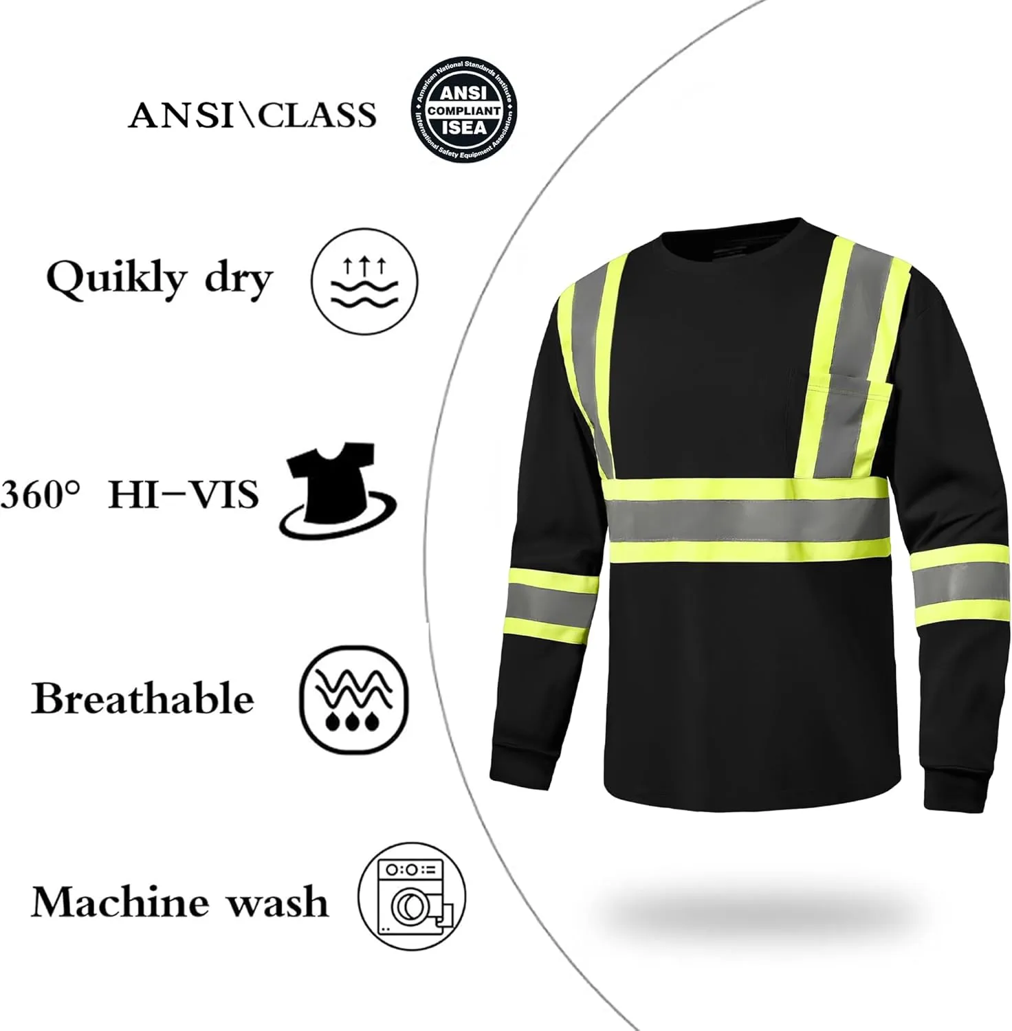 Hi Vis Safety Long Sleeve Shirts，High Visibility Class 3 T Shirts with Reflective Strips and Pocket, Quick Dry Mesh Construction Work Shirt for Men/Women (Black,4XL)