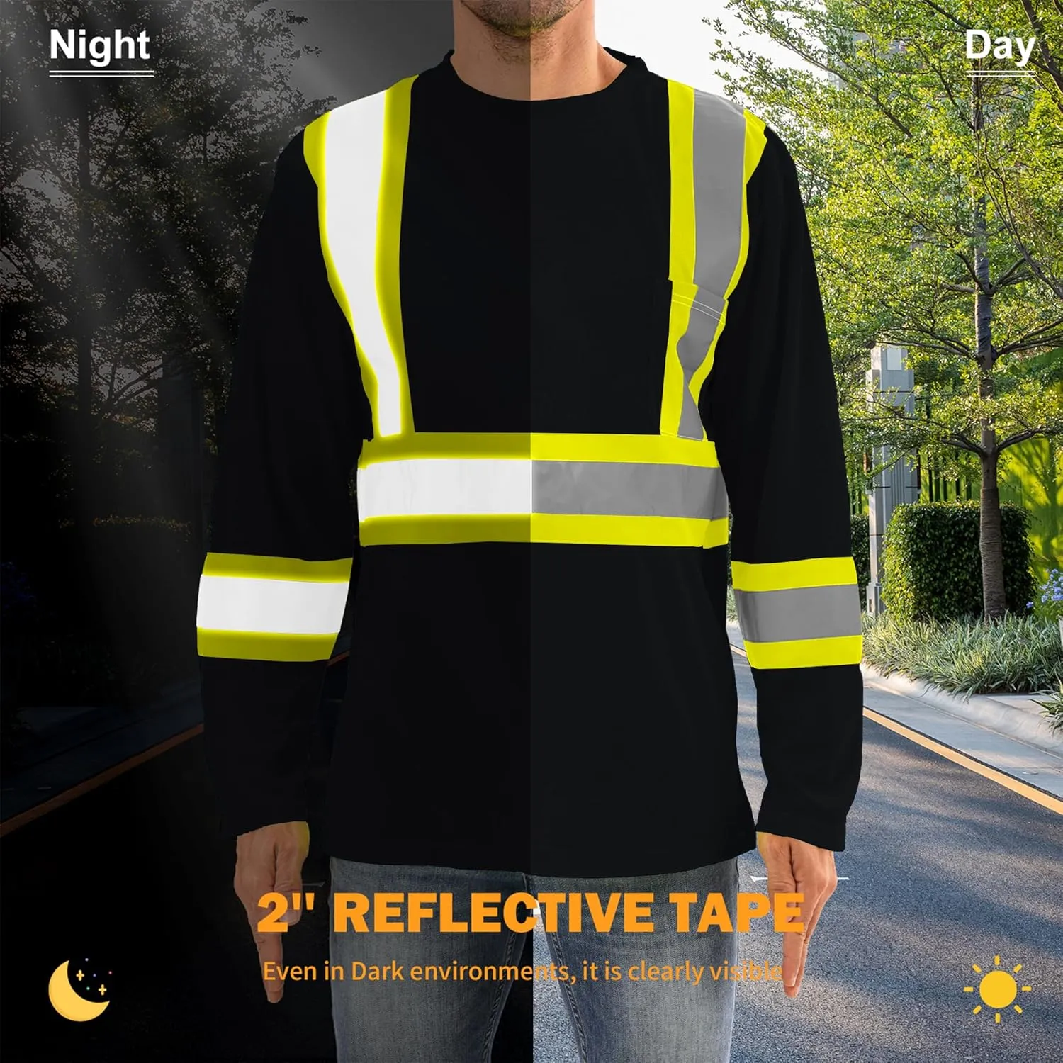 Hi Vis Safety Long Sleeve Shirts，High Visibility Class 3 T Shirts with Reflective Strips and Pocket, Quick Dry Mesh Construction Work Shirt for Men/Women (Black,4XL)