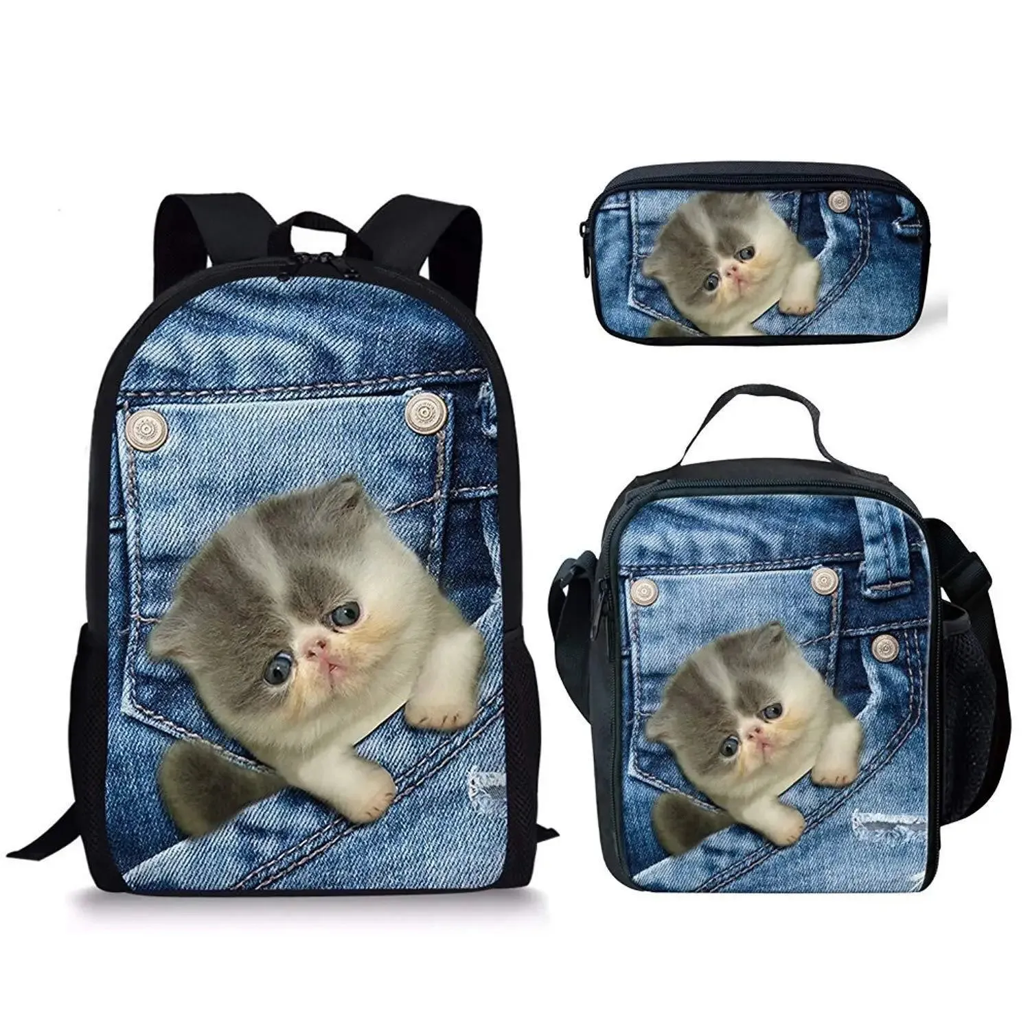 Hip Hop Youthful Denim Pocket Cat/Dog 3D Print 3pcs/Set Student Travel bags Laptop Daypack Backpack Lunch Bag Pencil Case