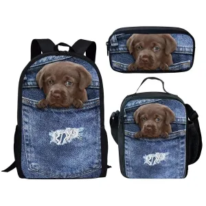 Hip Hop Youthful Denim Pocket Cat/Dog 3D Print 3pcs/Set Student Travel bags Laptop Daypack Backpack Lunch Bag Pencil Case