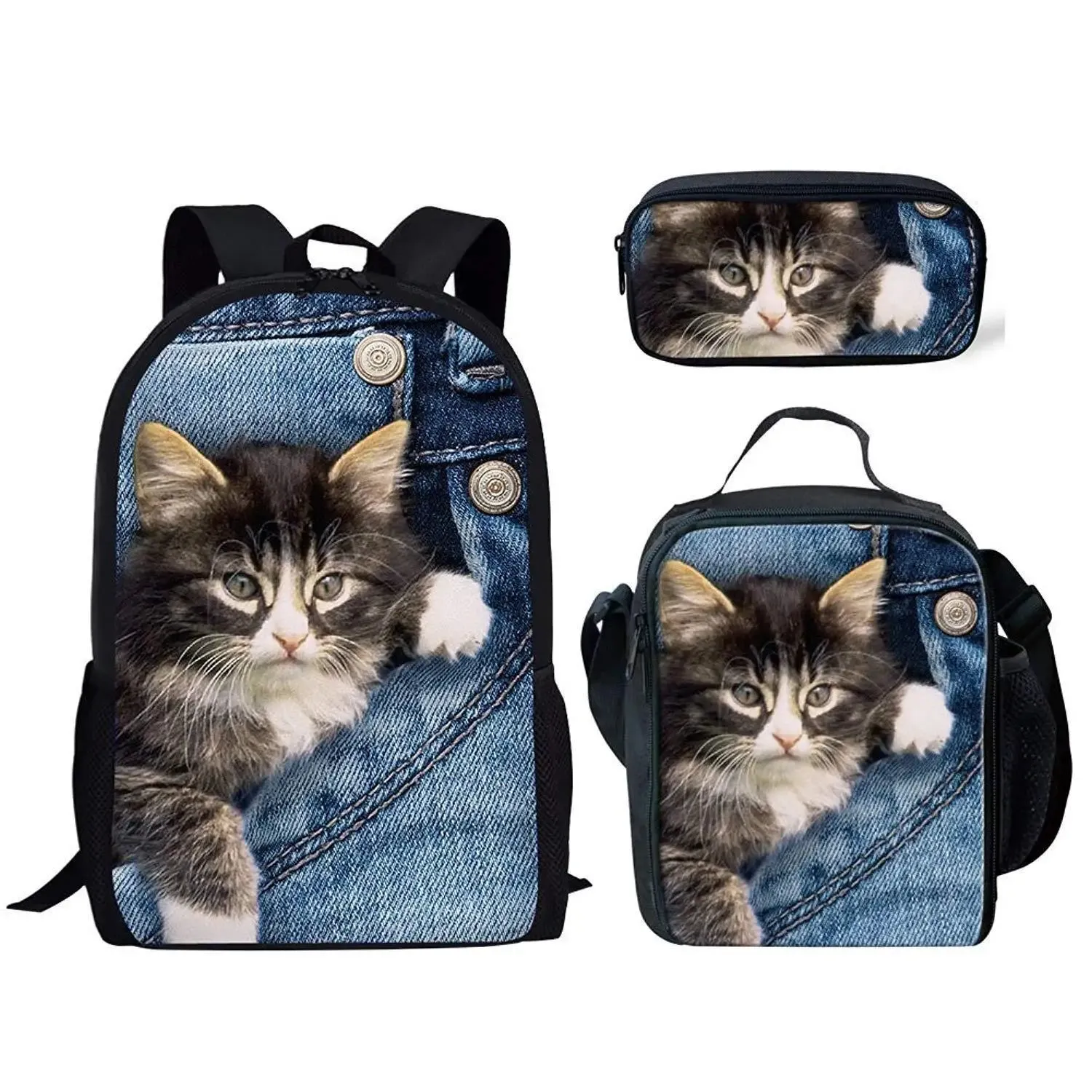 Hip Hop Youthful Denim Pocket Cat/Dog 3D Print 3pcs/Set Student Travel bags Laptop Daypack Backpack Lunch Bag Pencil Case