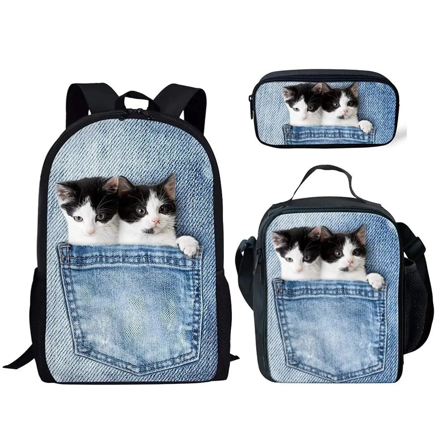 Hip Hop Youthful Denim Pocket Cat/Dog 3D Print 3pcs/Set Student Travel bags Laptop Daypack Backpack Lunch Bag Pencil Case