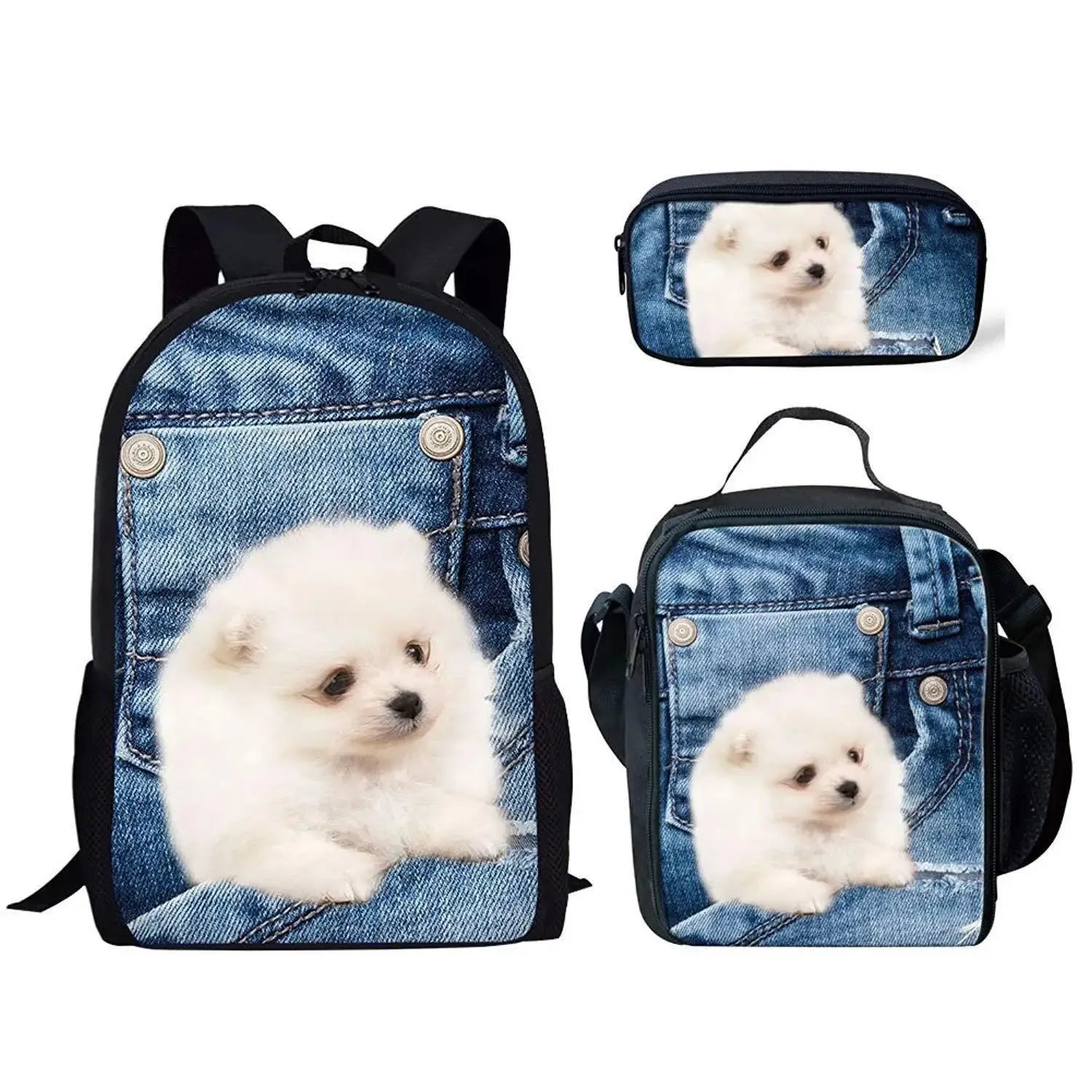 Hip Hop Youthful Denim Pocket Cat/Dog 3D Print 3pcs/Set Student Travel bags Laptop Daypack Backpack Lunch Bag Pencil Case