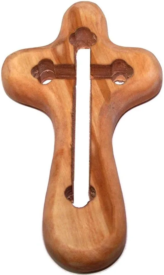 Holy Land Market Hand Cross Carved with Byzantine - Orthodox Cross Shape All The Way Through Package. Comes with Gift Box,Velvet Bag & Lord's Prayer Card - 4" Cross