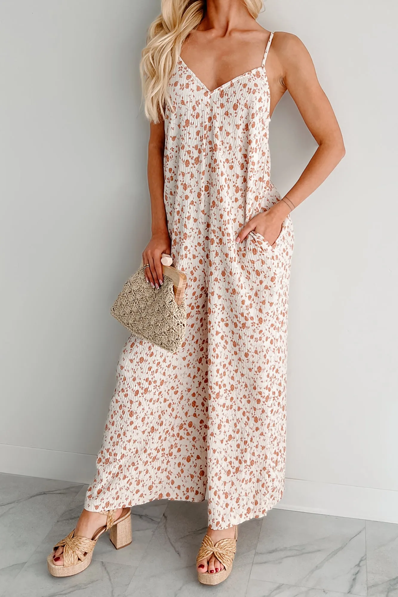 Homebody Heaven Pleated Wide Leg Jumpsuit (Cream Floral)