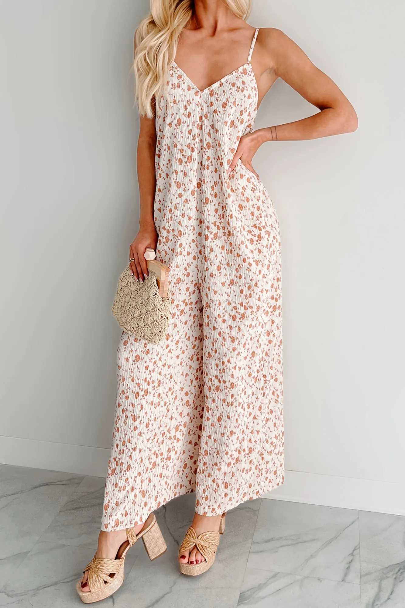 Homebody Heaven Pleated Wide Leg Jumpsuit (Cream Floral)