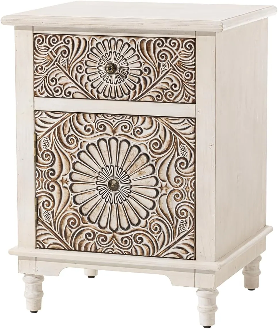 HOMPUS End Table w Flower Pattern, Night Stand w Storage, Small Nightstand w Wood Grain Finish, White Accent End Table Side Table, Small Cabinet for Living Room, Bedroom, Light Grey Grain