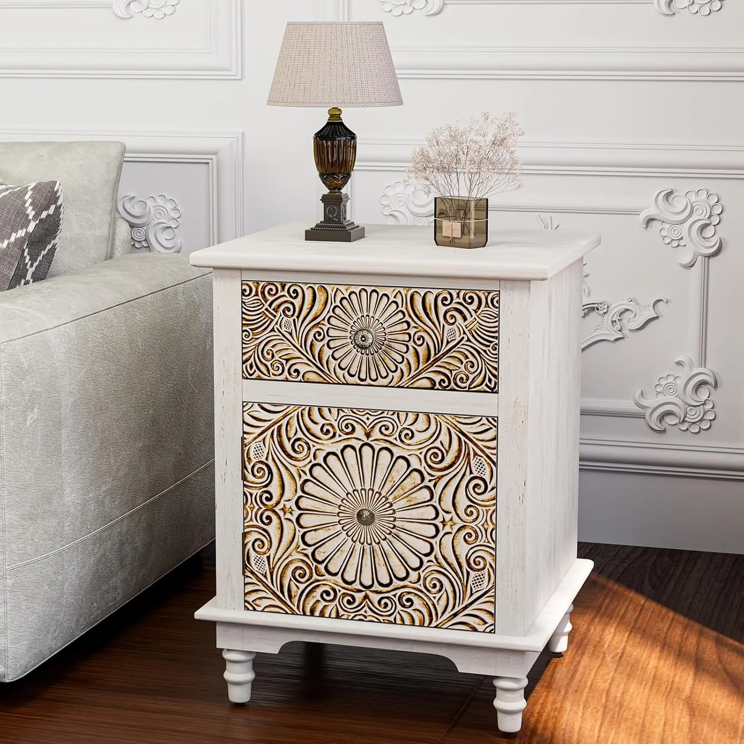 HOMPUS End Table w Flower Pattern, Night Stand w Storage, Small Nightstand w Wood Grain Finish, White Accent End Table Side Table, Small Cabinet for Living Room, Bedroom, Light Grey Grain