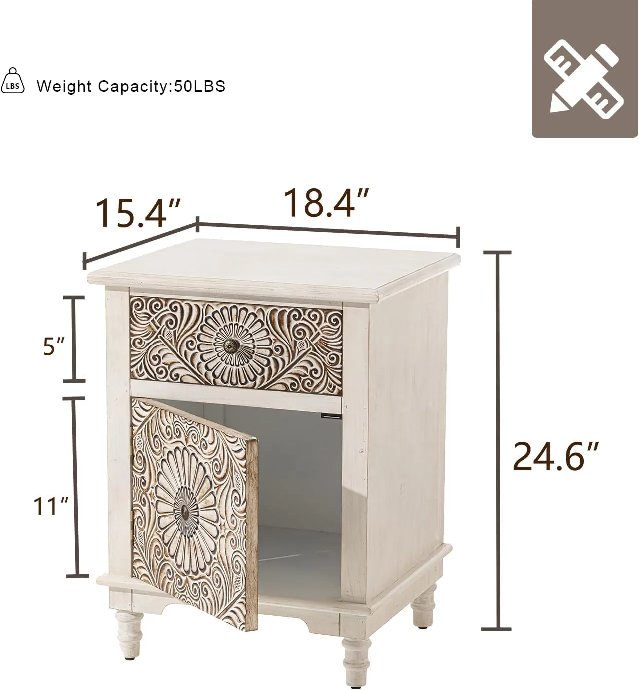 HOMPUS End Table w Flower Pattern, Night Stand w Storage, Small Nightstand w Wood Grain Finish, White Accent End Table Side Table, Small Cabinet for Living Room, Bedroom, Light Grey Grain