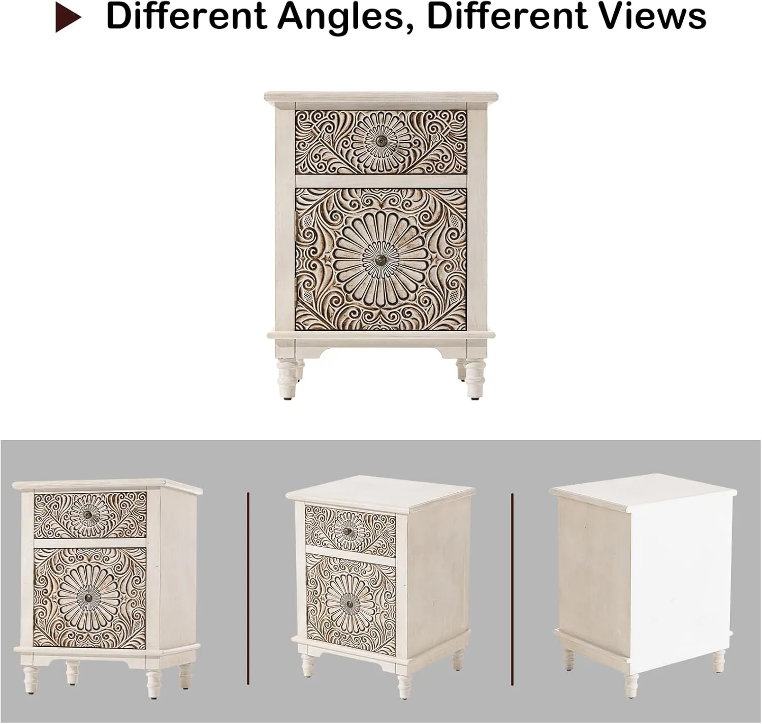 HOMPUS End Table w Flower Pattern, Night Stand w Storage, Small Nightstand w Wood Grain Finish, White Accent End Table Side Table, Small Cabinet for Living Room, Bedroom, Light Grey Grain