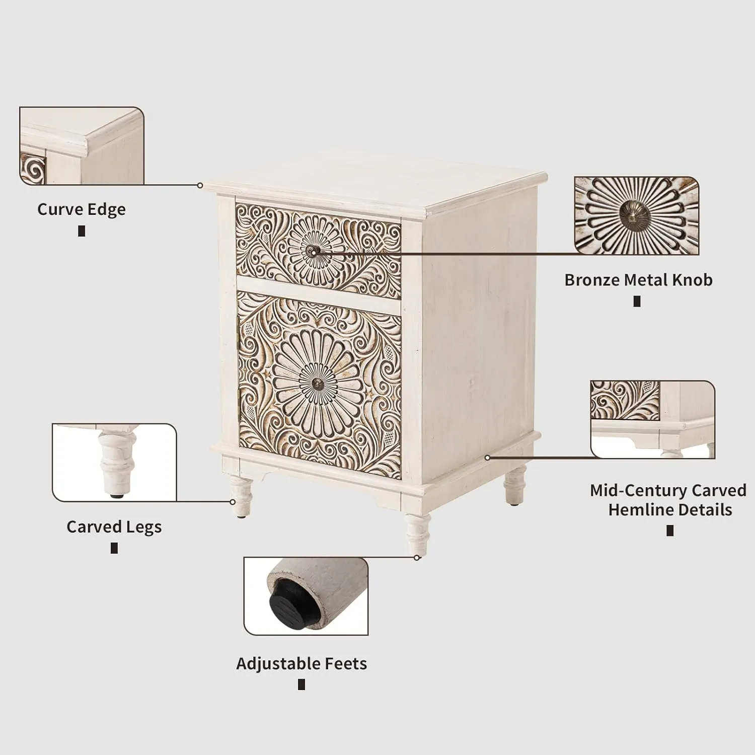 HOMPUS End Table w Flower Pattern, Night Stand w Storage, Small Nightstand w Wood Grain Finish, White Accent End Table Side Table, Small Cabinet for Living Room, Bedroom, Light Grey Grain