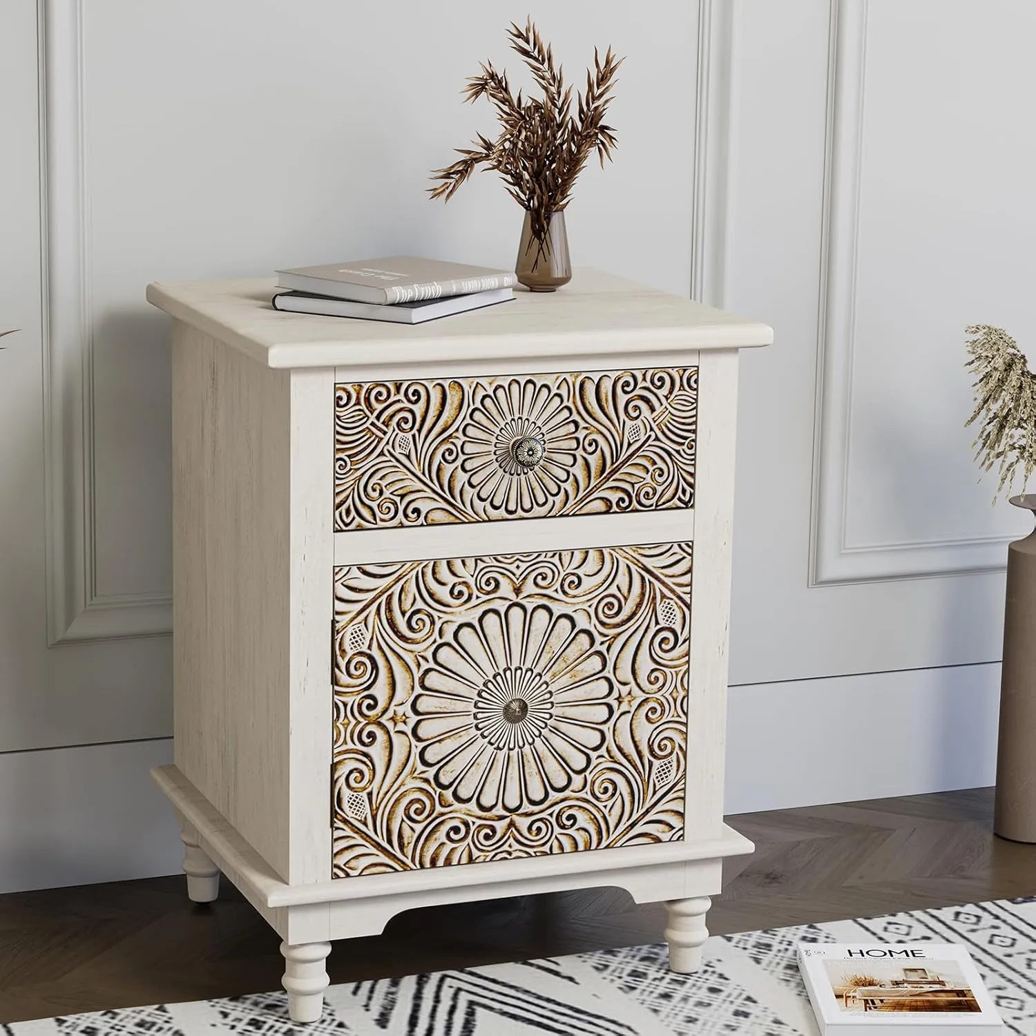 HOMPUS End Table w Flower Pattern, Night Stand w Storage, Small Nightstand w Wood Grain Finish, White Accent End Table Side Table, Small Cabinet for Living Room, Bedroom, Light Grey Grain