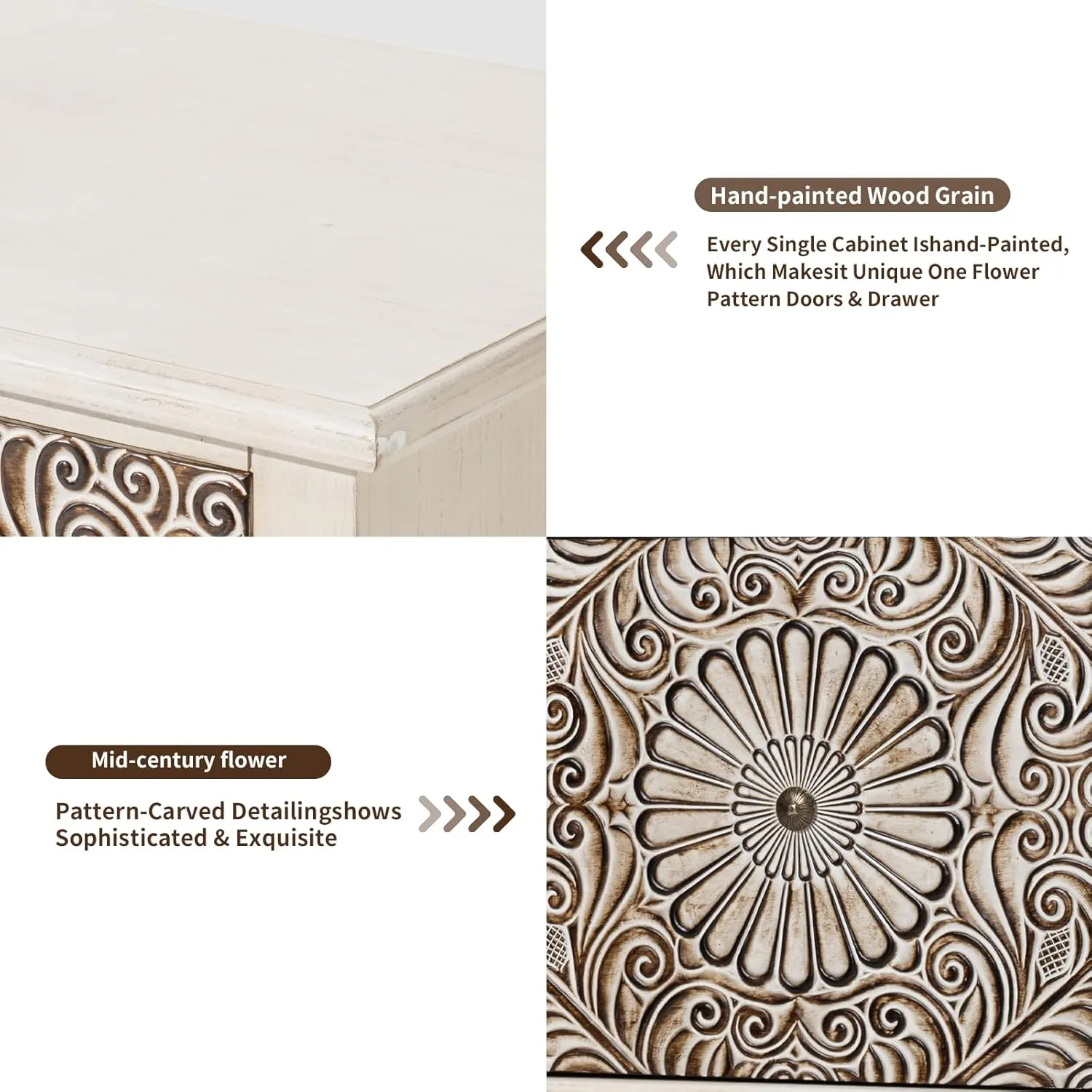 HOMPUS End Table w Flower Pattern, Night Stand w Storage, Small Nightstand w Wood Grain Finish, White Accent End Table Side Table, Small Cabinet for Living Room, Bedroom, Light Grey Grain