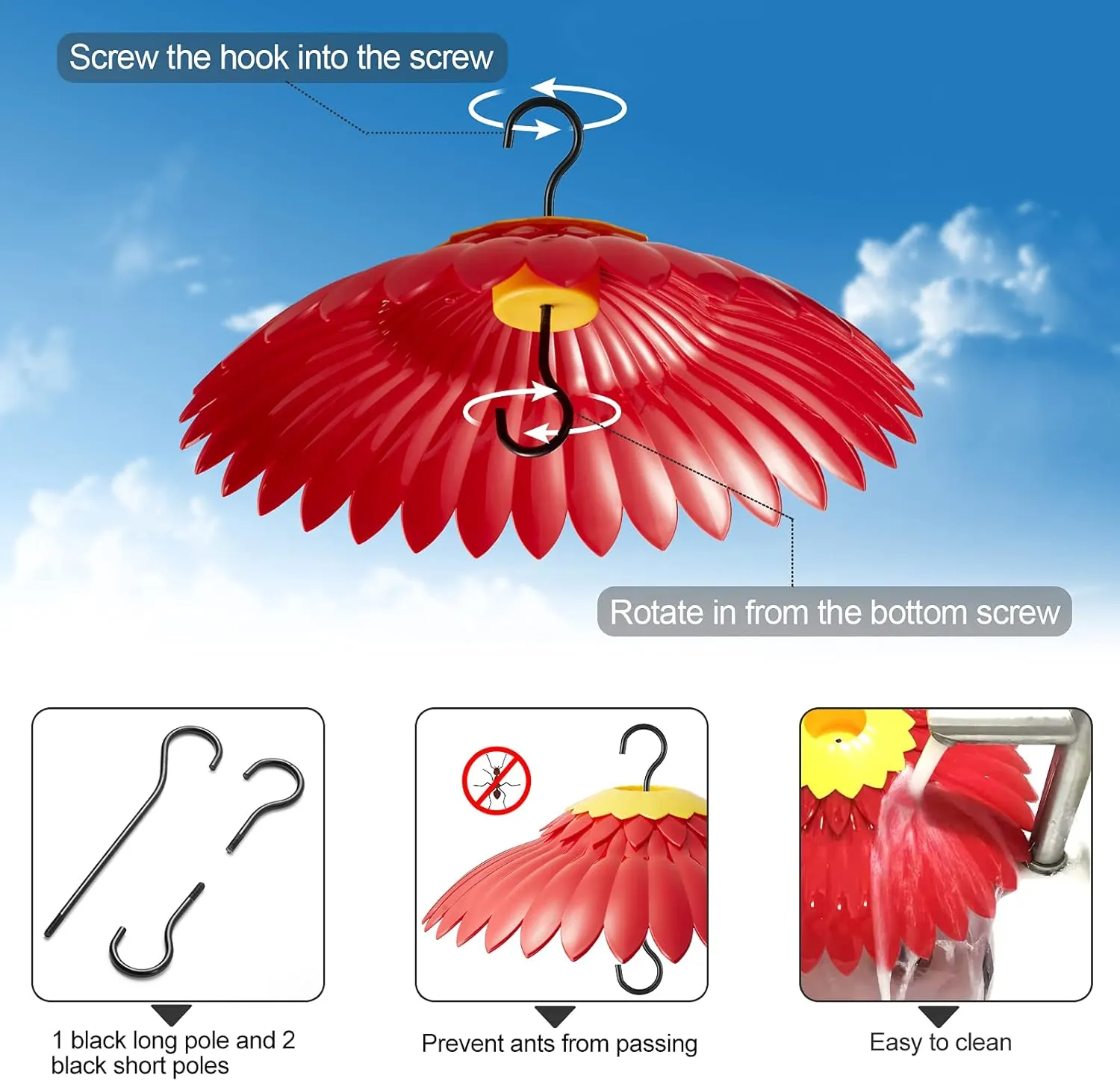 Hummingbird Feeder Cover Dome Protective Weather Guard for Hanging Bird Feeder Baffle from Rain and Sun Built in Moat Proof 3 Stainless Steel Hooks 11" (2 Pack, Red-a)