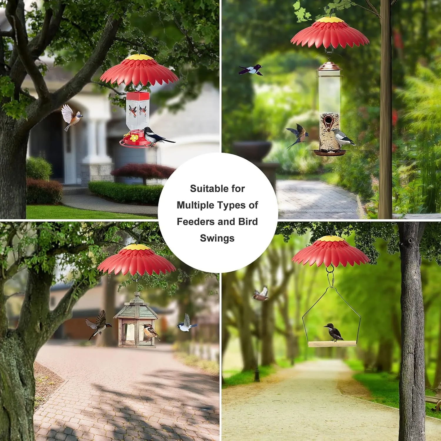 Hummingbird Feeder Cover Dome Protective Weather Guard for Hanging Bird Feeder Baffle from Rain and Sun Built in Moat Proof 3 Stainless Steel Hooks 11" (2 Pack, Red-a)