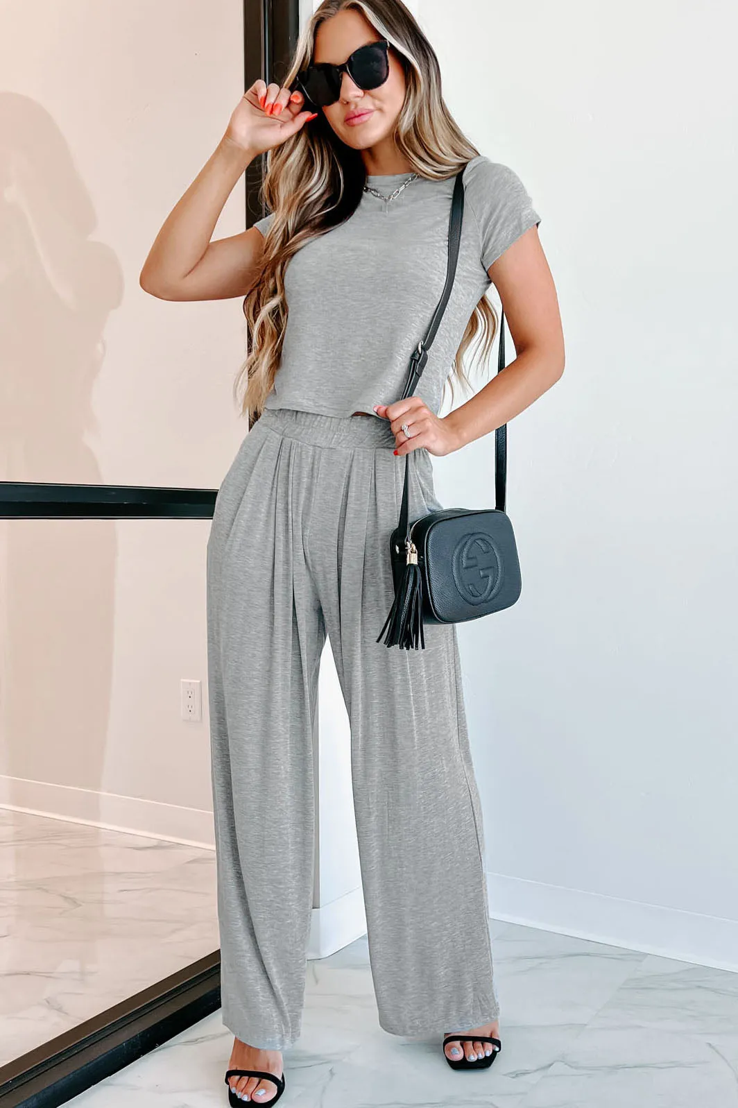 I'm Staying Home T-Shirt & Palazzo Pants Two-Piece Set (Heather Grey)