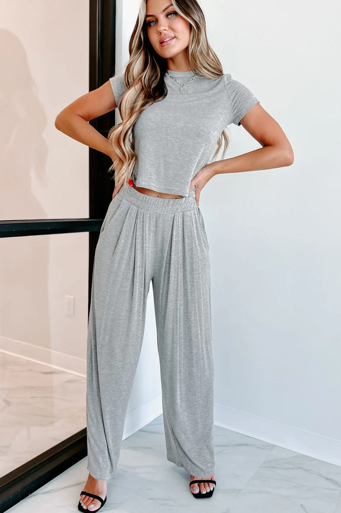 I'm Staying Home T-Shirt & Palazzo Pants Two-Piece Set (Heather Grey)