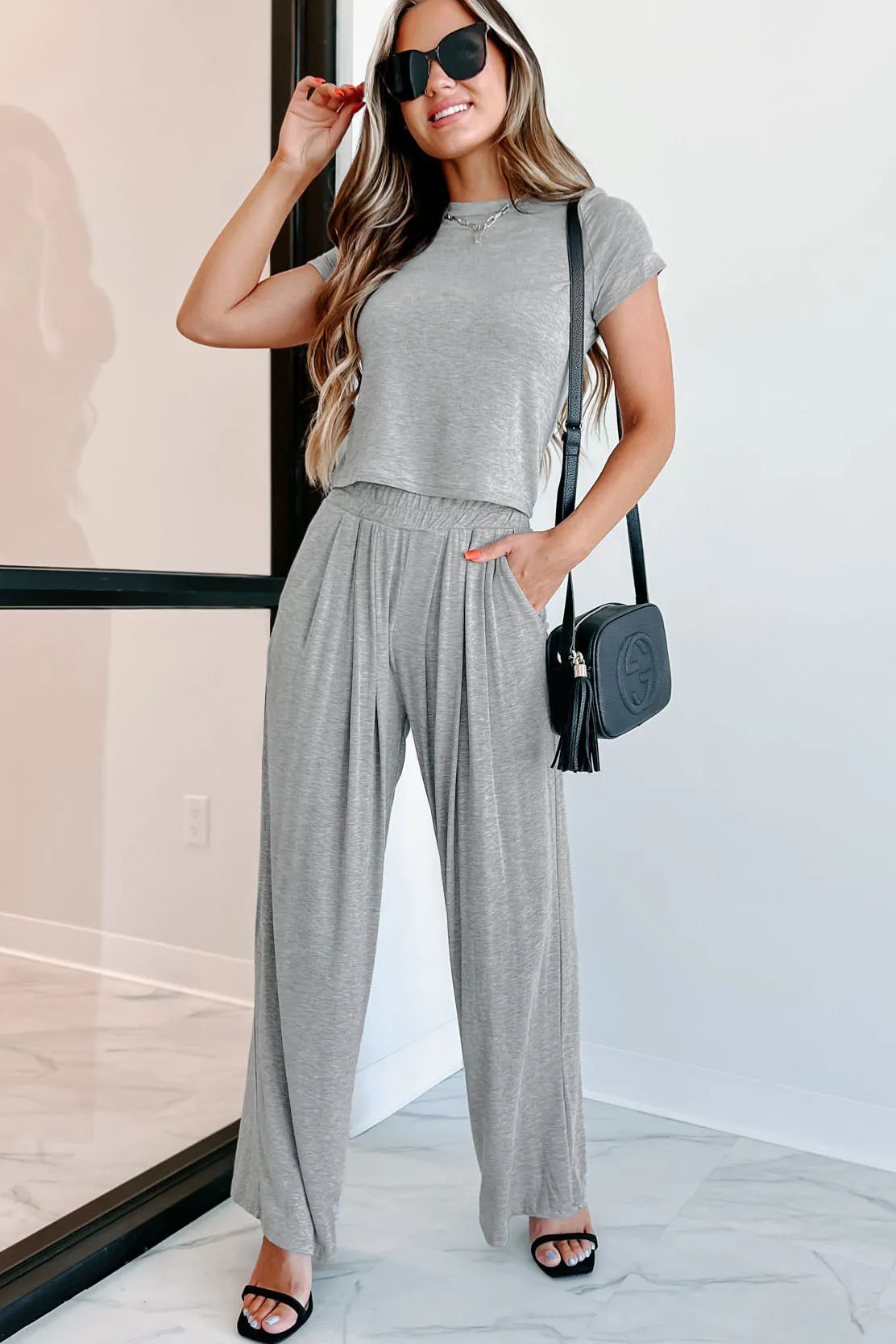 I'm Staying Home T-Shirt & Palazzo Pants Two-Piece Set (Heather Grey)