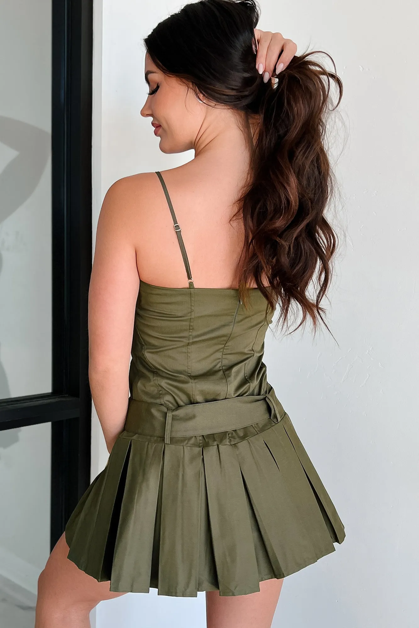 Inquisitive Nature Pleated Mini Dress (Olive)