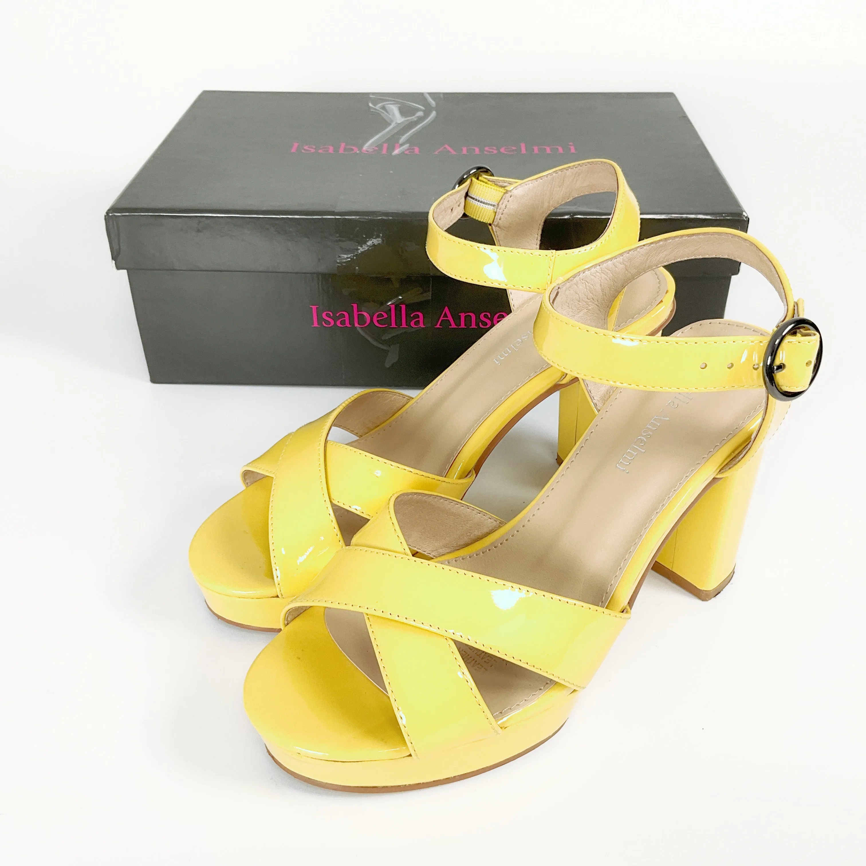Isabella Anselmi - Patent Yellow Open Toed Block Heels