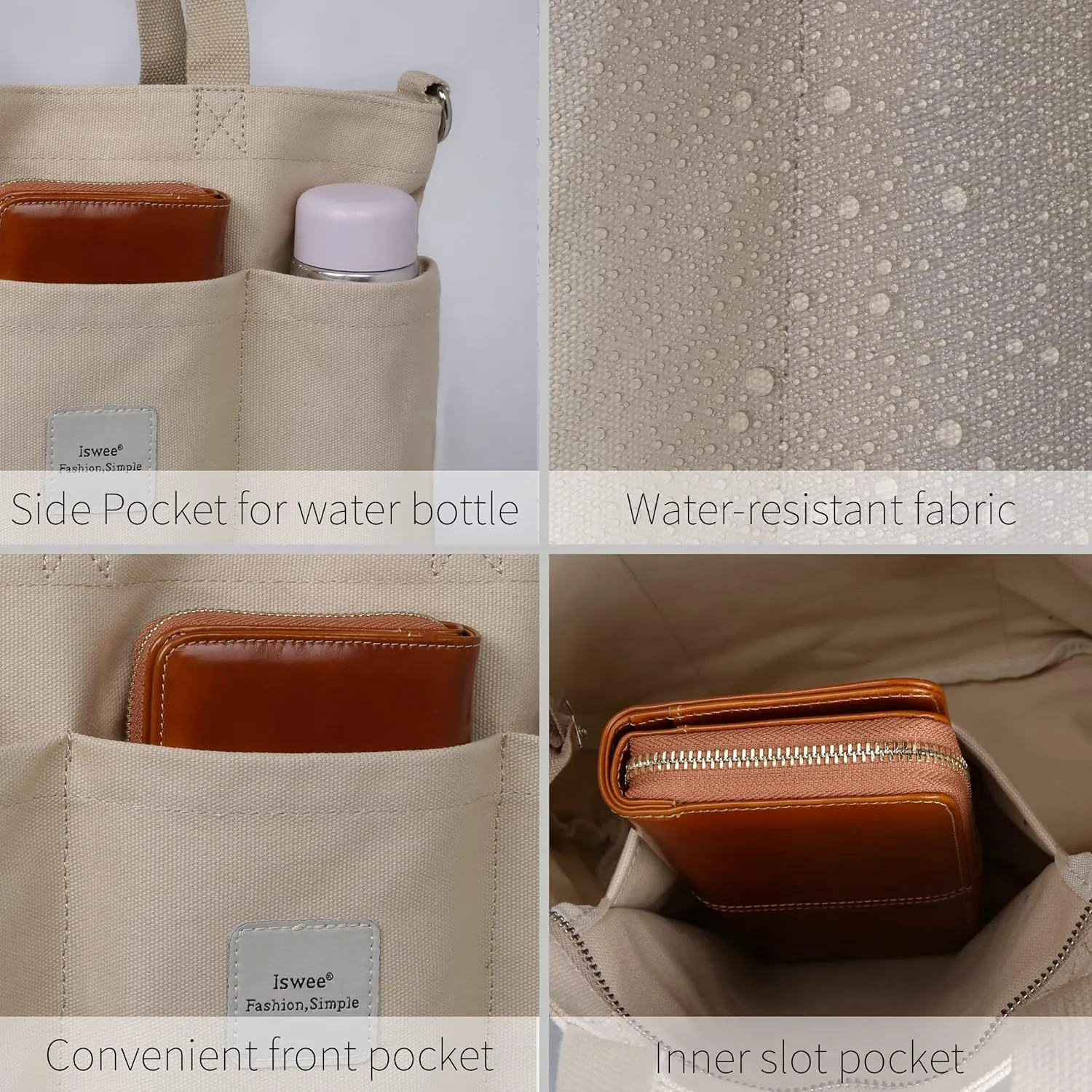 Iswee Canvas Tote Bag with Zipper Multi Pockets Tote Purse for Women Fashion Crossbody Tote Shoulder Bag Handbag Everyday Bag