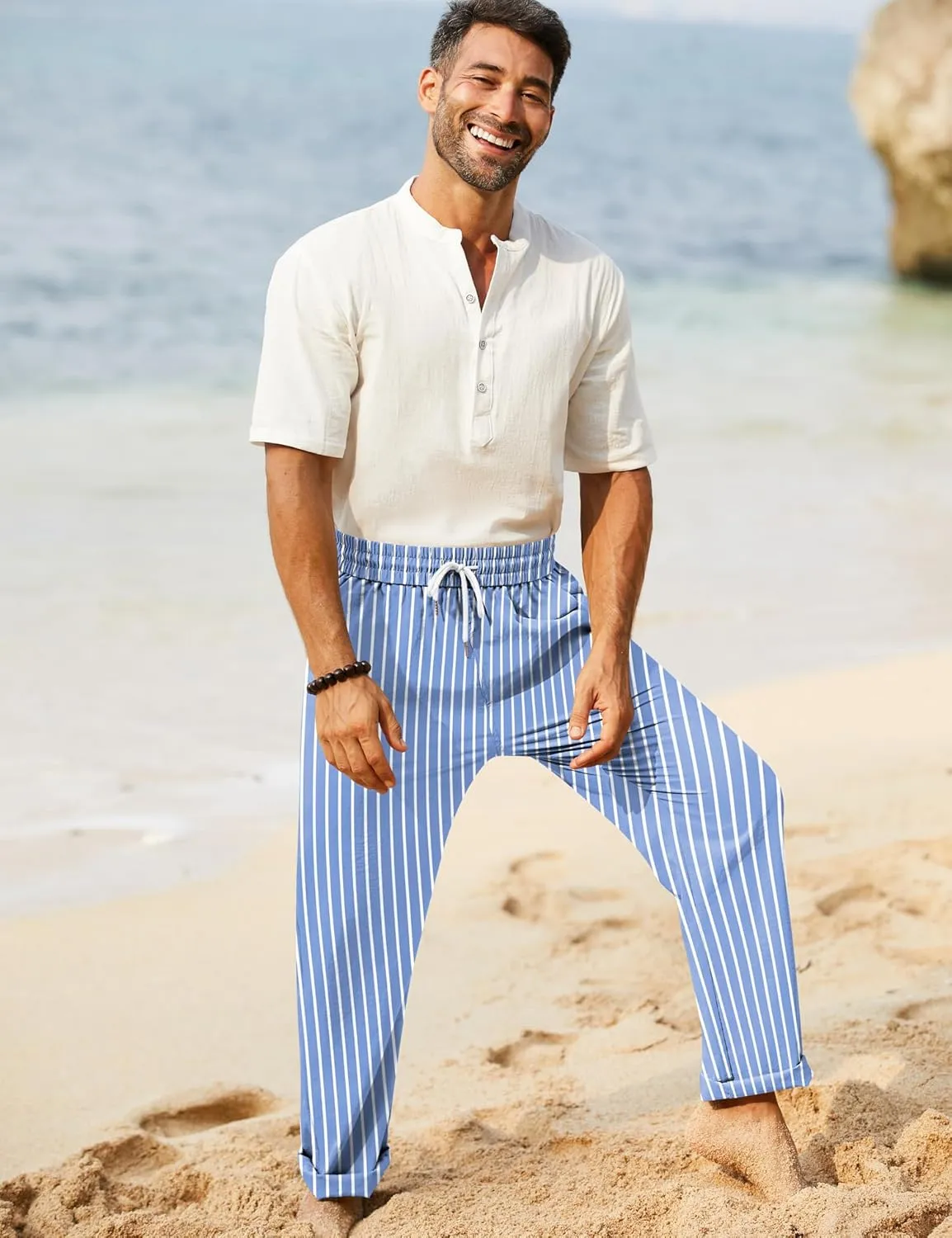 iWoo Linen Pants Men Casual 2025 Summer Beach Elastic Drawstring Waist Yoga Pants Travel Baggy Work Pant Pajama