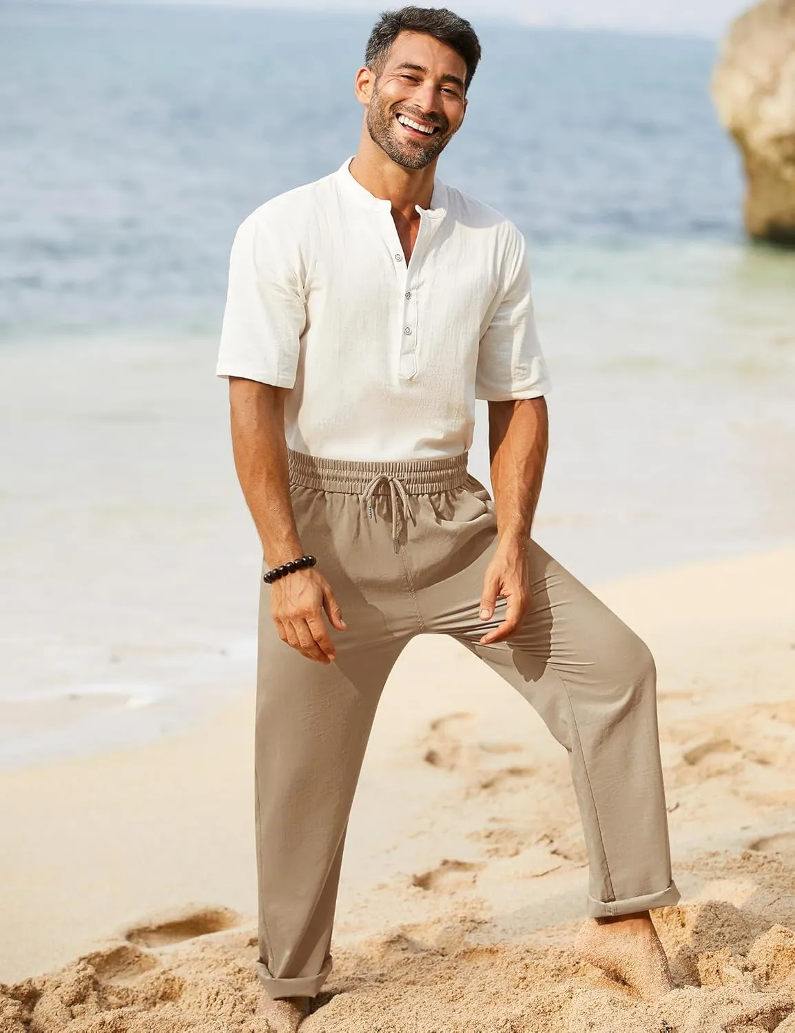 iWoo Linen Pants Men Casual 2025 Summer Beach Elastic Drawstring Waist Yoga Pants Travel Baggy Work Pant Pajama
