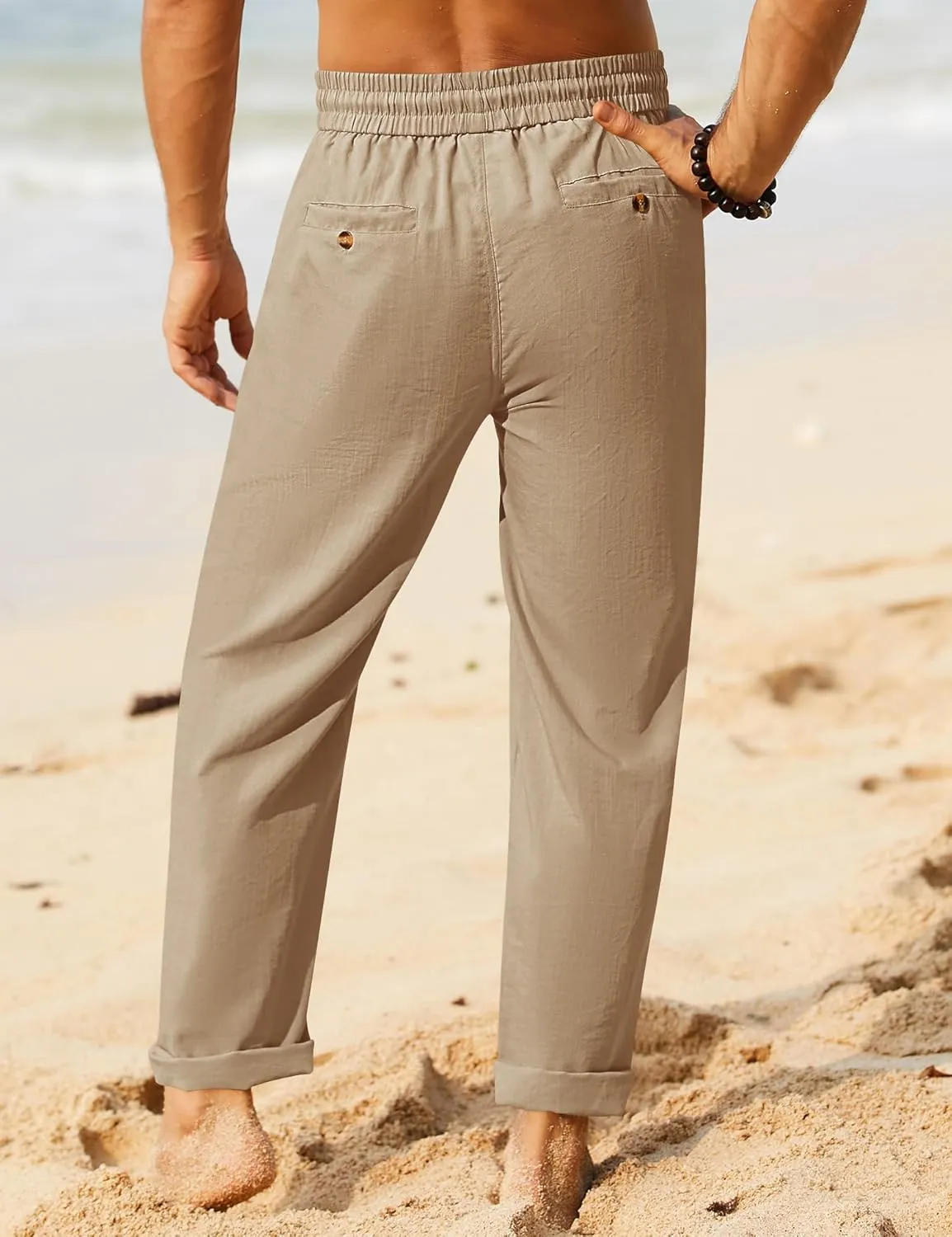 iWoo Linen Pants Men Casual 2025 Summer Beach Elastic Drawstring Waist Yoga Pants Travel Baggy Work Pant Pajama