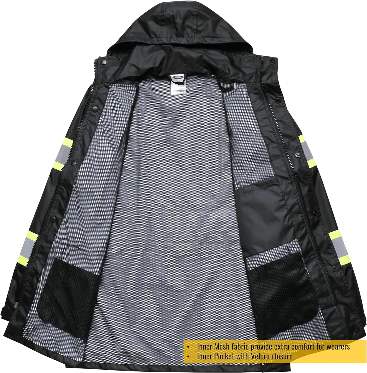 JKSafety Hi-Vis Reflective Safety Rain Jacket and Pants for Men Women Waterproof Rain Gears for Farming Fishing Work HV Rain Suit with Inner Mesh Lining and Pockets (117-Black XL)