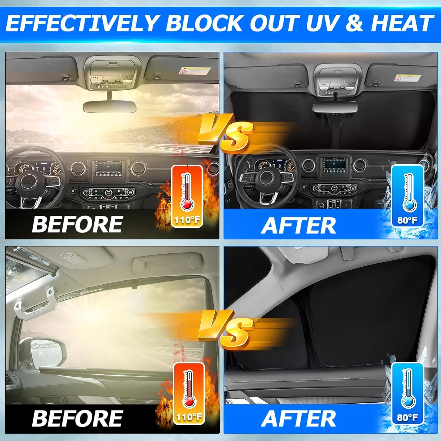 Karltys 3PCS Windshield Sun Shade for 2022-2025 Hyundai Santa Cruz, 210T Thickened Front and Side Window Sunshade Cover Custom Fit Santa Cruz, Foldable Sun Visor UV Blocker Keeps Your Car Cool
