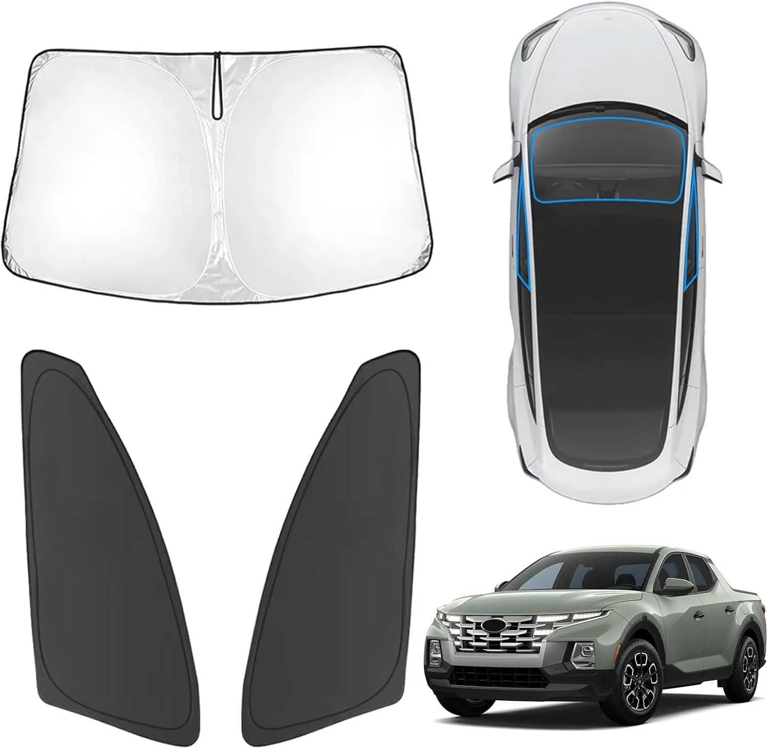 Karltys 3PCS Windshield Sun Shade for 2022-2025 Hyundai Santa Cruz, 210T Thickened Front and Side Window Sunshade Cover Custom Fit Santa Cruz, Foldable Sun Visor UV Blocker Keeps Your Car Cool