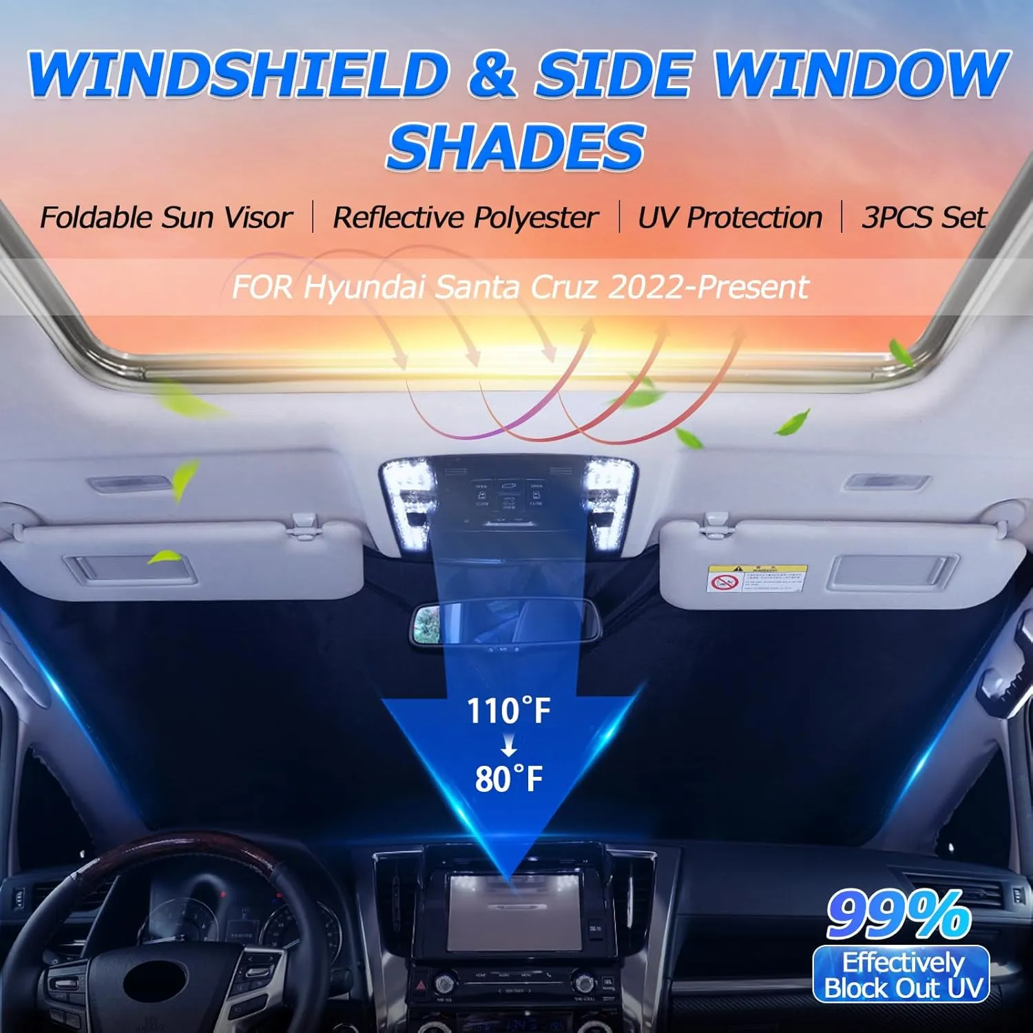 Karltys 3PCS Windshield Sun Shade for 2022-2025 Hyundai Santa Cruz, 210T Thickened Front and Side Window Sunshade Cover Custom Fit Santa Cruz, Foldable Sun Visor UV Blocker Keeps Your Car Cool